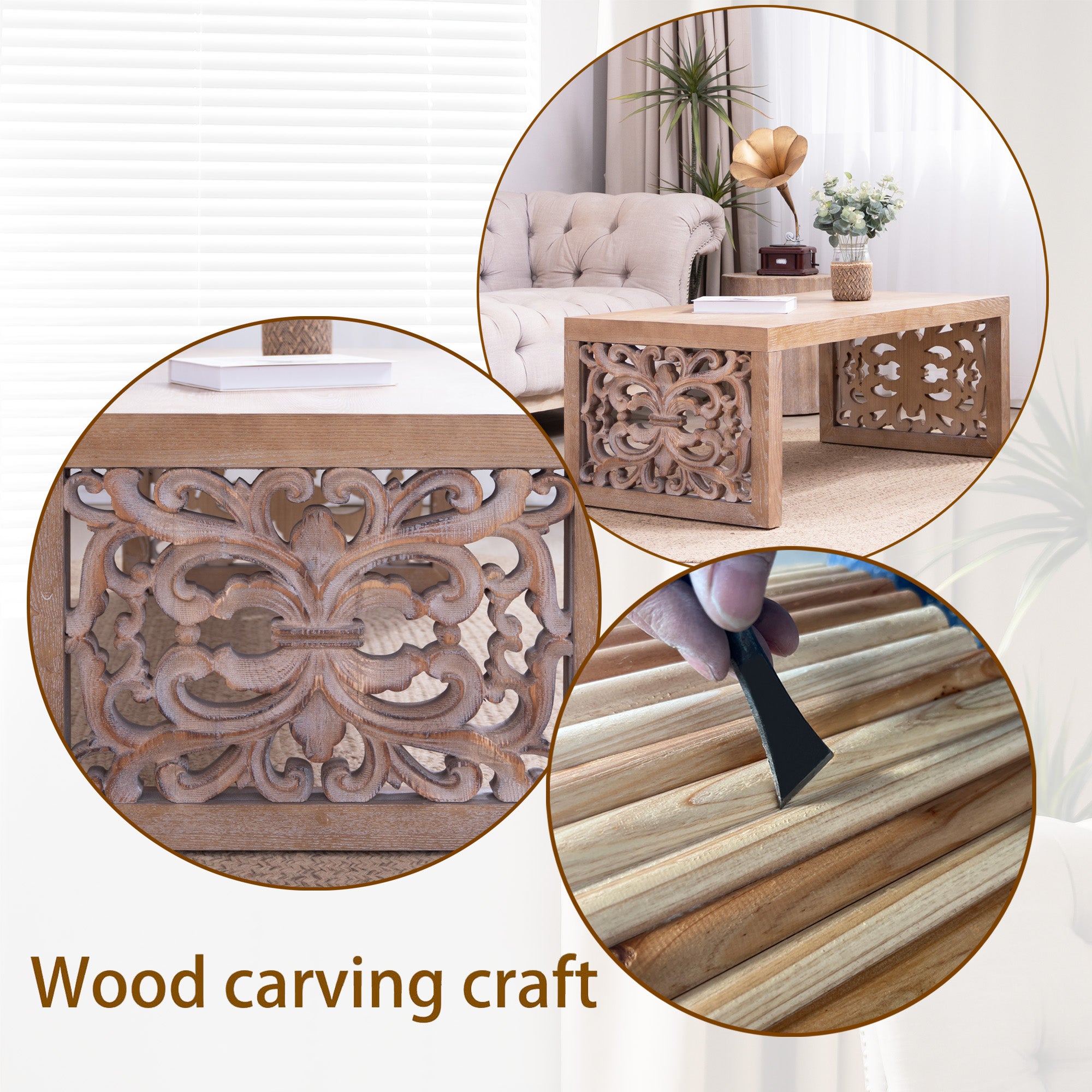 Handcrafted Rustic Wood Coffee Table with Ornate Side Panels