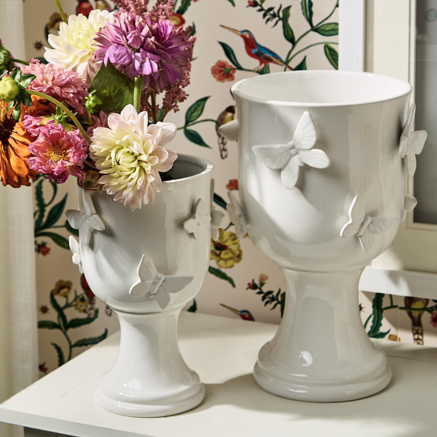 Butterfly Pedestal Cachepots with Sculpted Butterflies, Set of 2