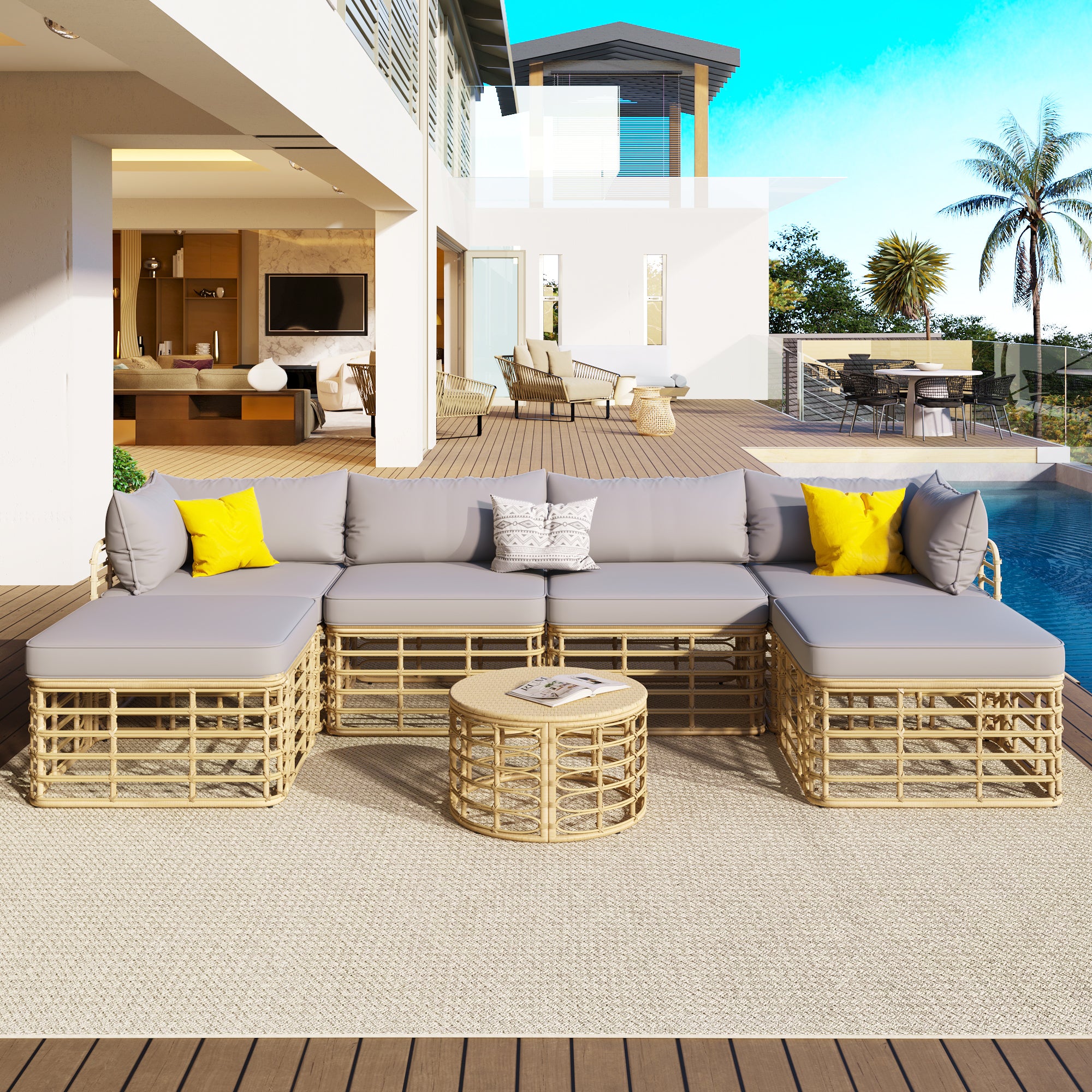 Evoking 7-Piece Outdoor Sectional Set with Hollow Woven Design and Pillows