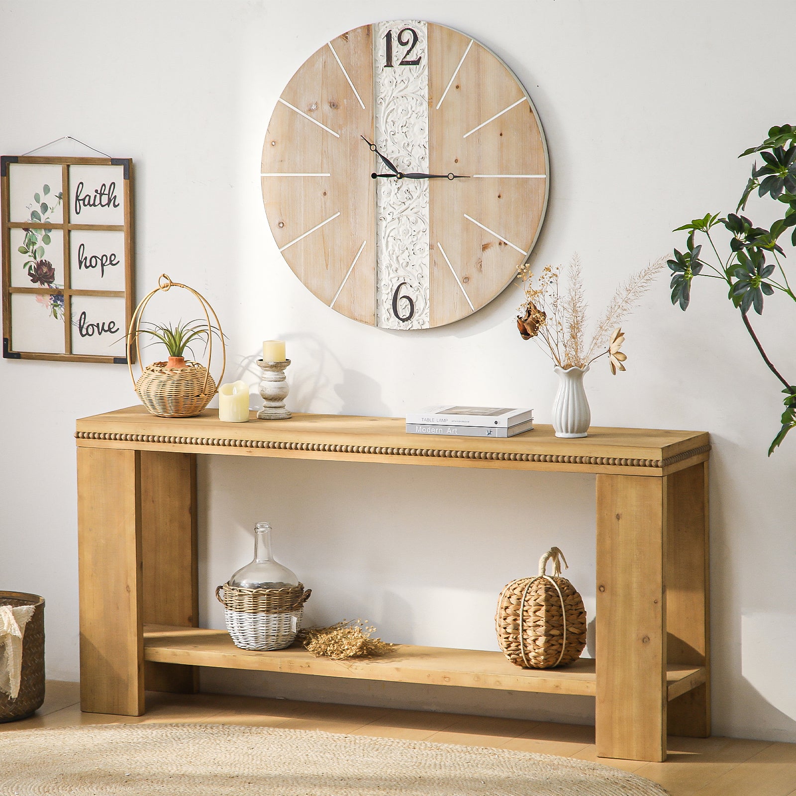 63" Rustic Farmhouse Sofa Table with Beaded Trim