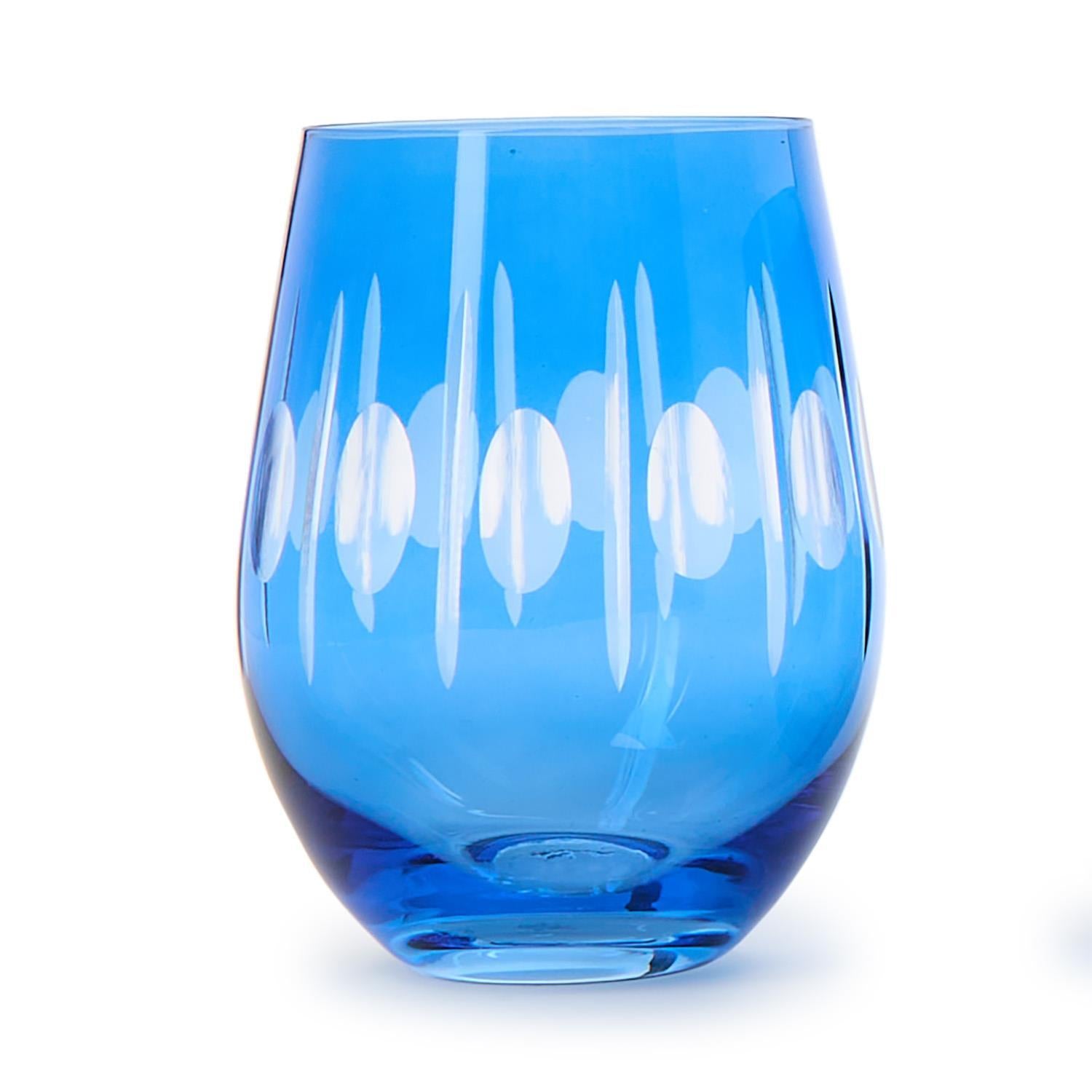 Sparkling Cut Blue Hand Engraved Stemless Wine Glasses, Set of 4