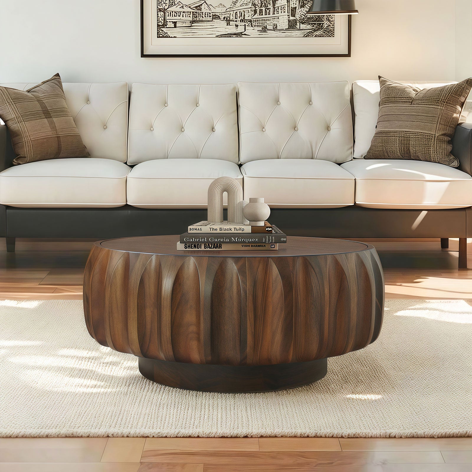 Round Solid Wood Carved Coffee Table