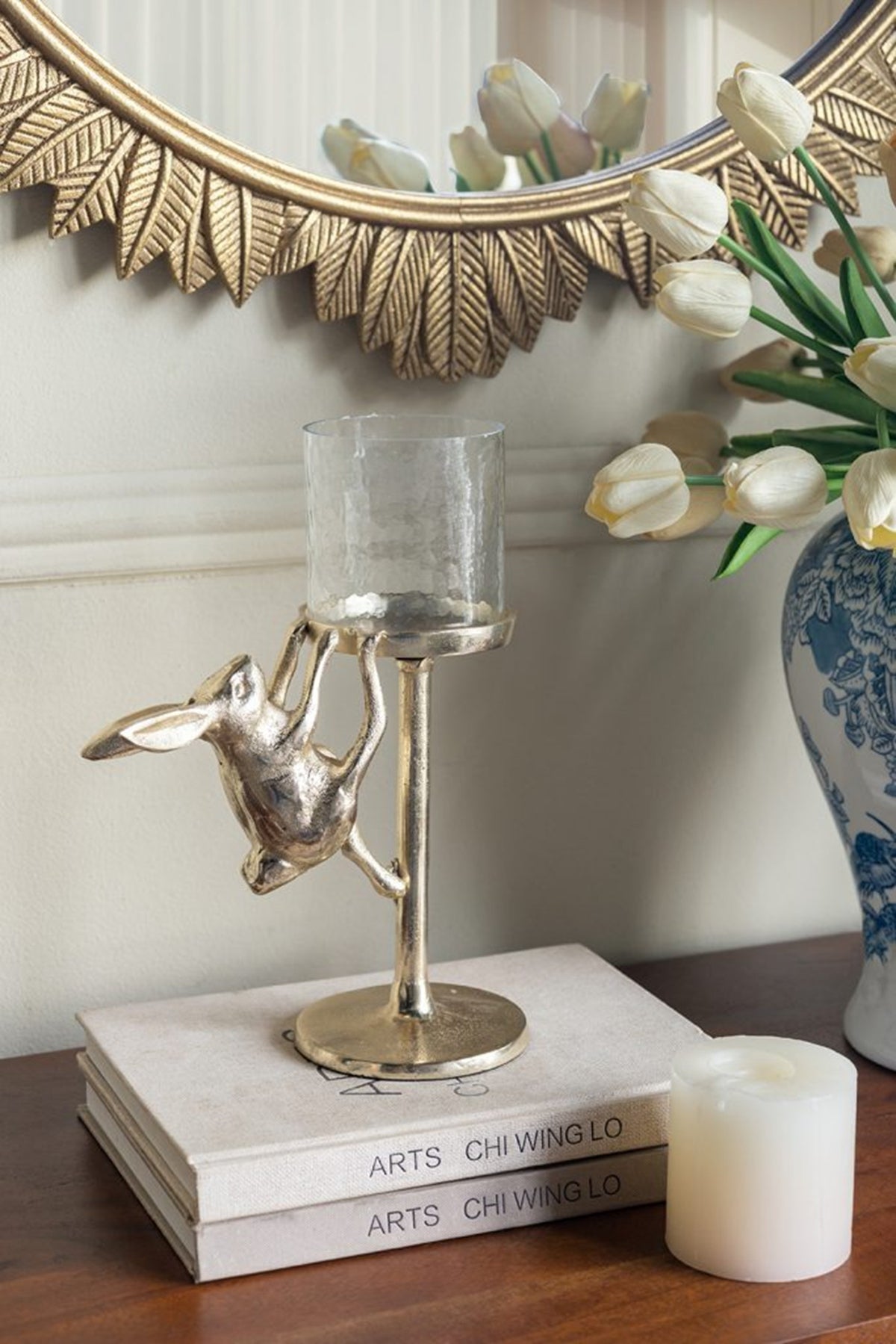 Gold Rabbit Pillar Candle Holder with Clear Glass Hurricane Shade, Tall