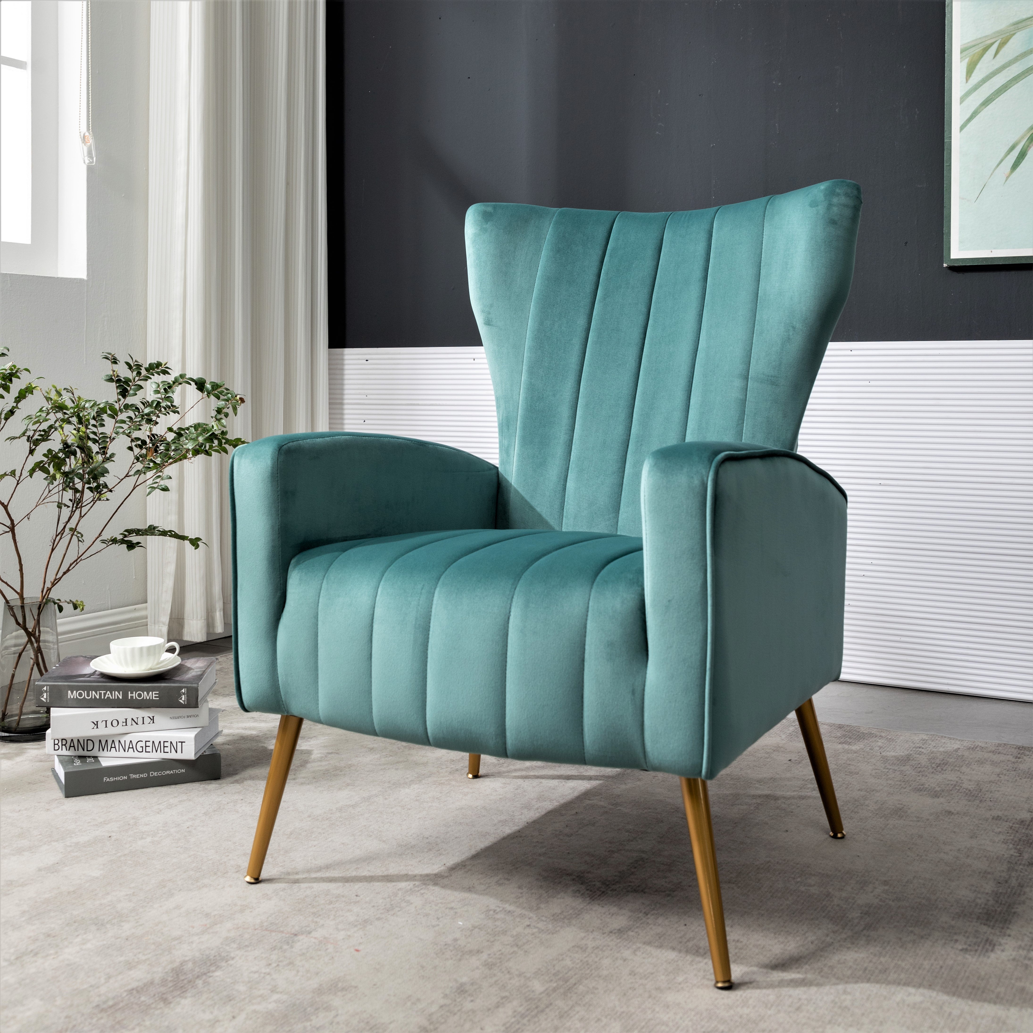 Velvet Accent Wingback Armchair with Metal Legs