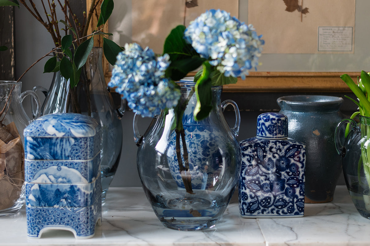 Glass Amphora Flower Vase, Denim Blue