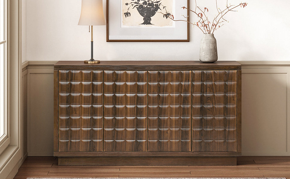 Modern 4-Door Storage Cabinet with 3D Geometric Doors & Metal Trim