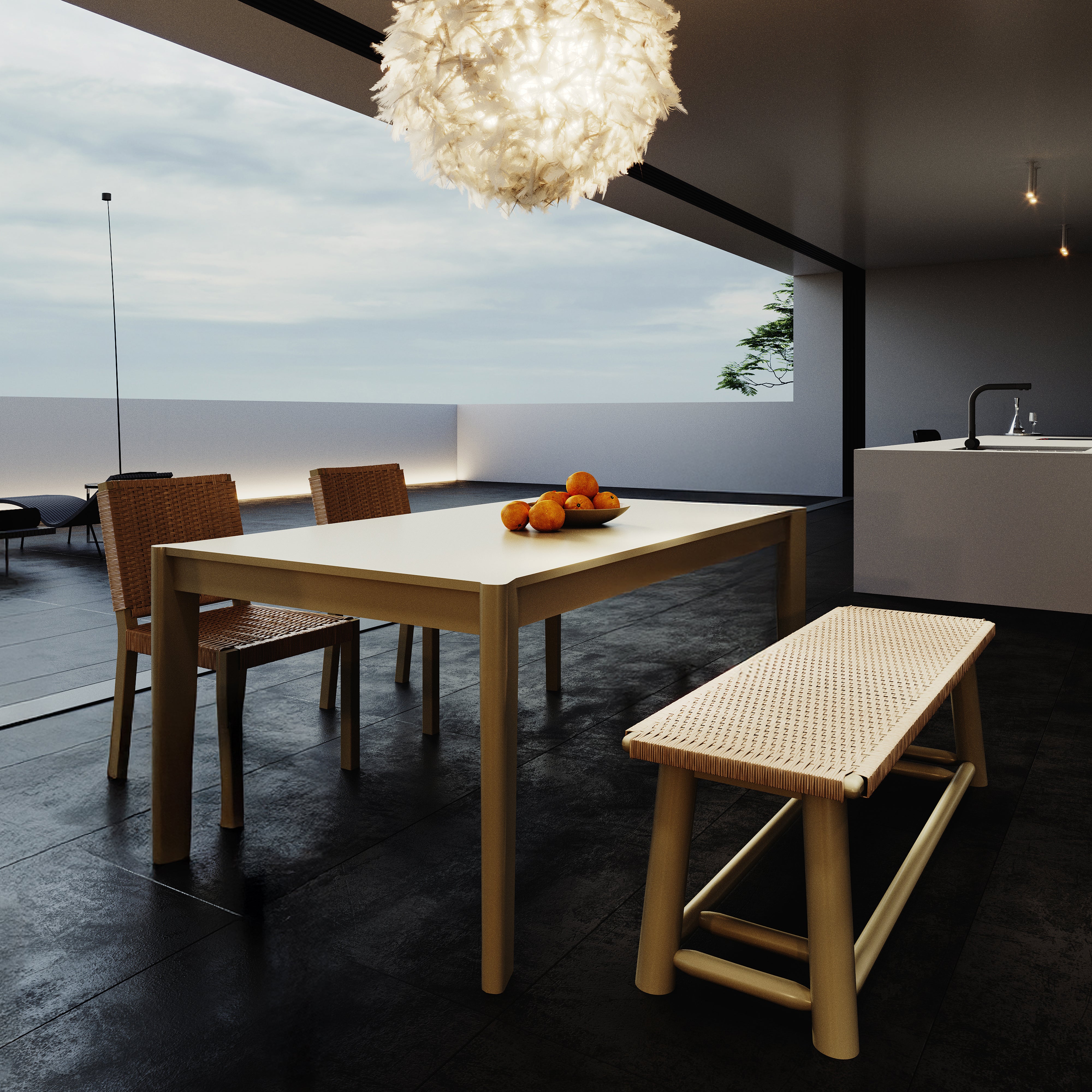 Modern Farmhouse Extendable Dining Table Set with Solid Wood Rattan Chairs and Bench