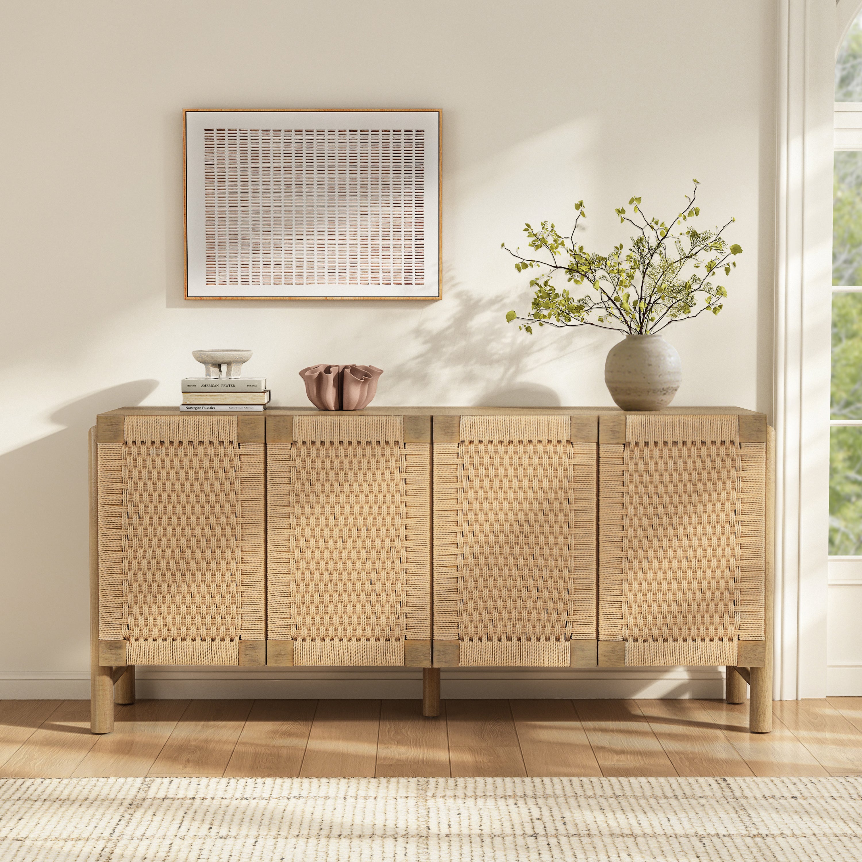 Natural Farmhouse Cabinet with Handwoven Paper Rope Doors, Solid Wood Legs and Natural Finish, for Hallway, Entryway or Living Room