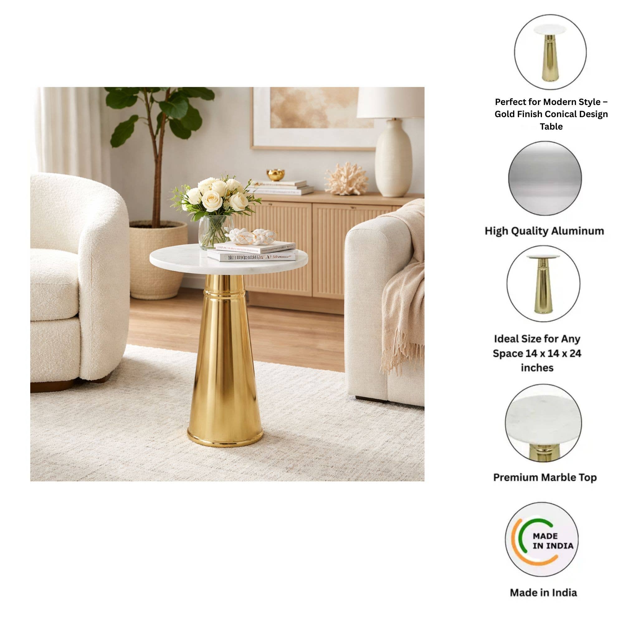 White Marble Top Side Table with Gold-Finished Metal Base