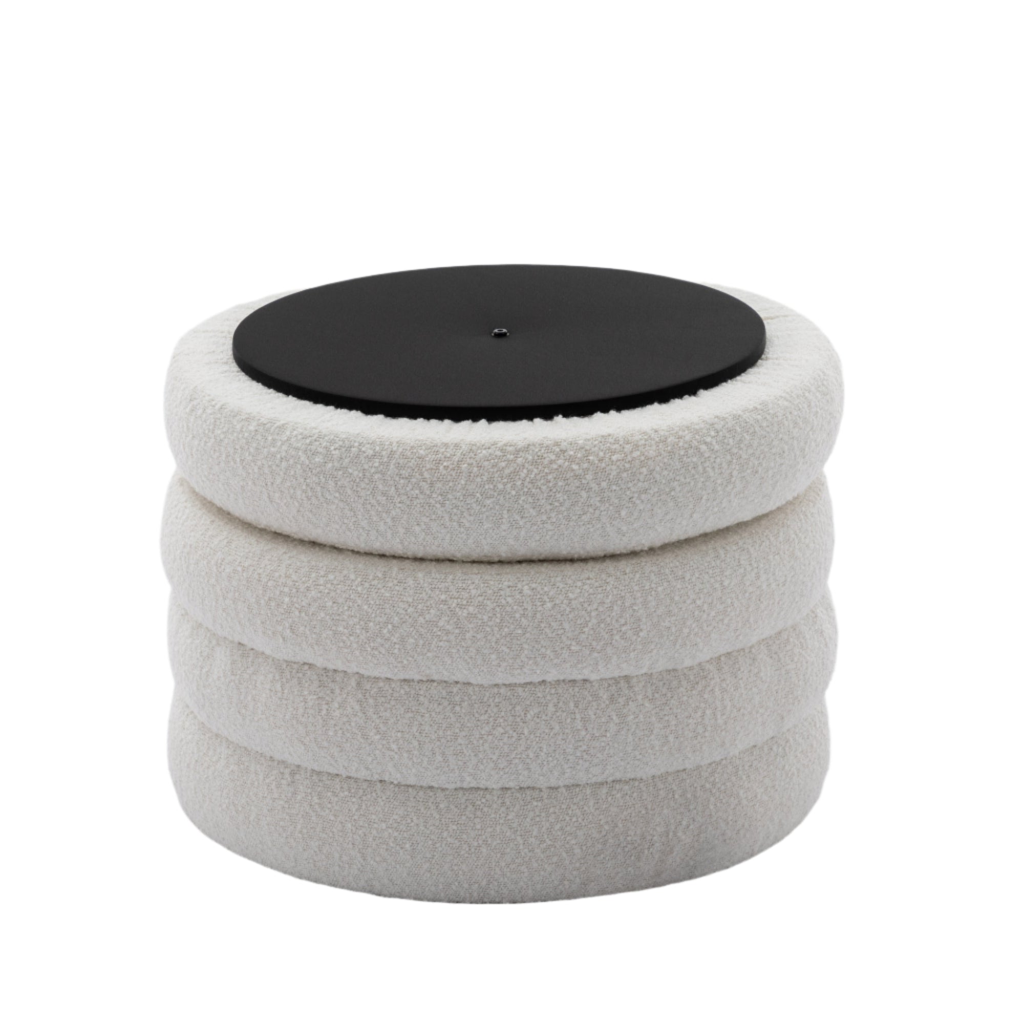 Boucle Storage Round Ottoman Footstool With Wooden Shelving