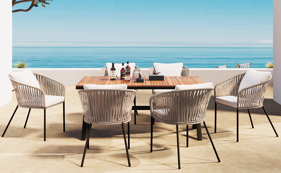 Exalted 7-Piece Outdoor Dining Set with Curved Back Chair and Rectangle Table