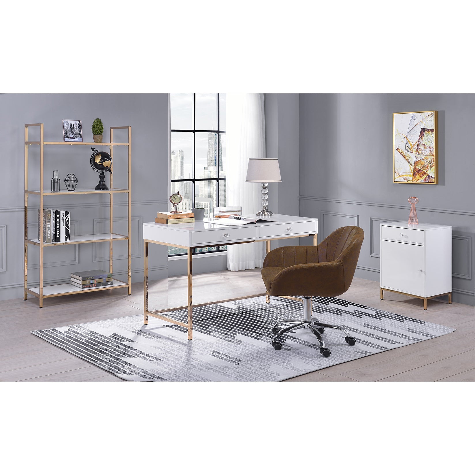 High Gloss and Gold 2-Drawer Writing Desk