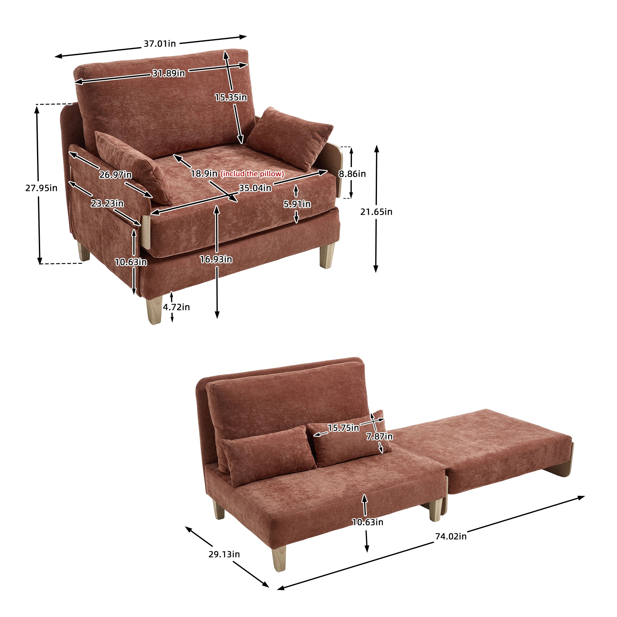 Mid-Century Modern Chenille Foldable Sofa Bed Recliner