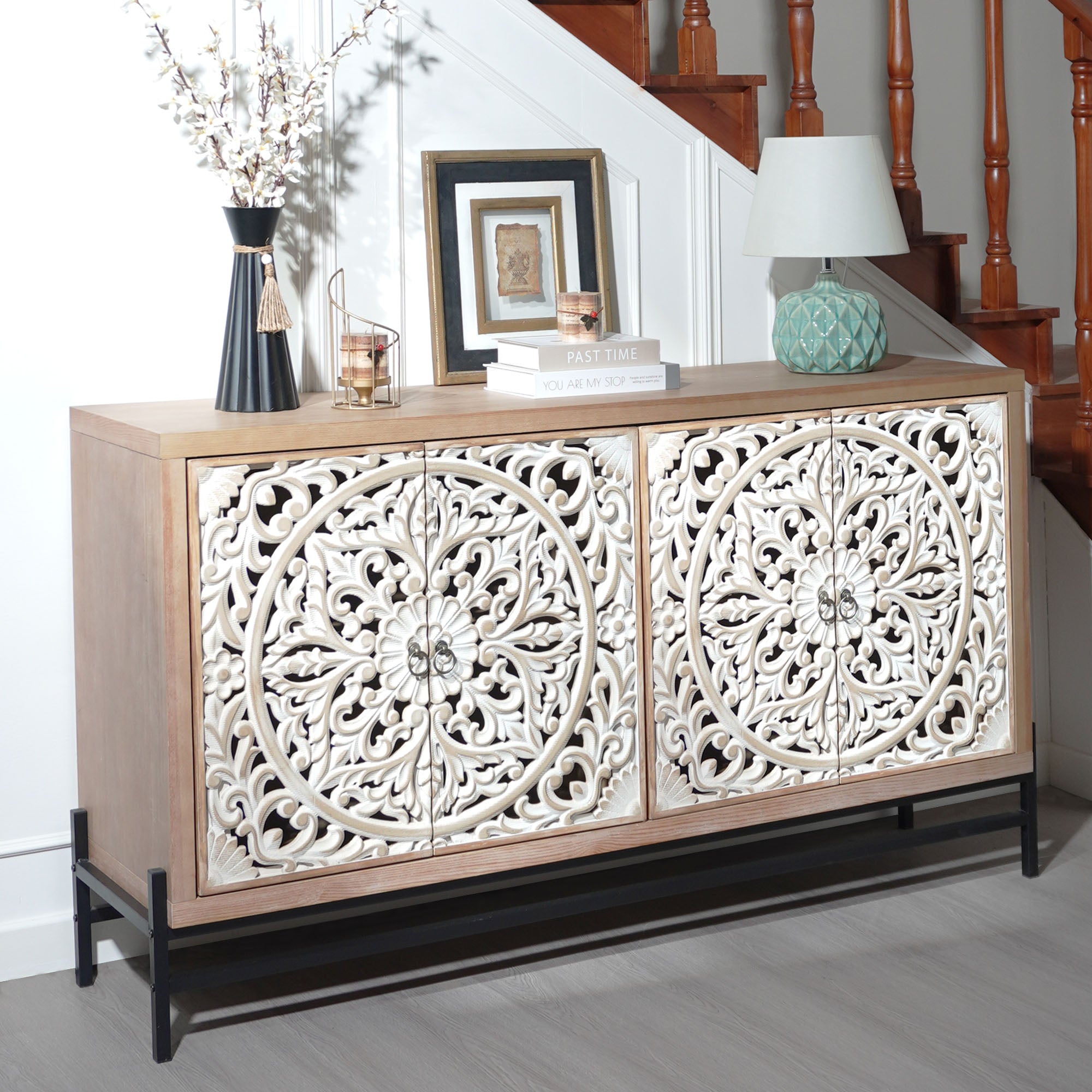 Vintage Carved Wood 4-Door Cabinet