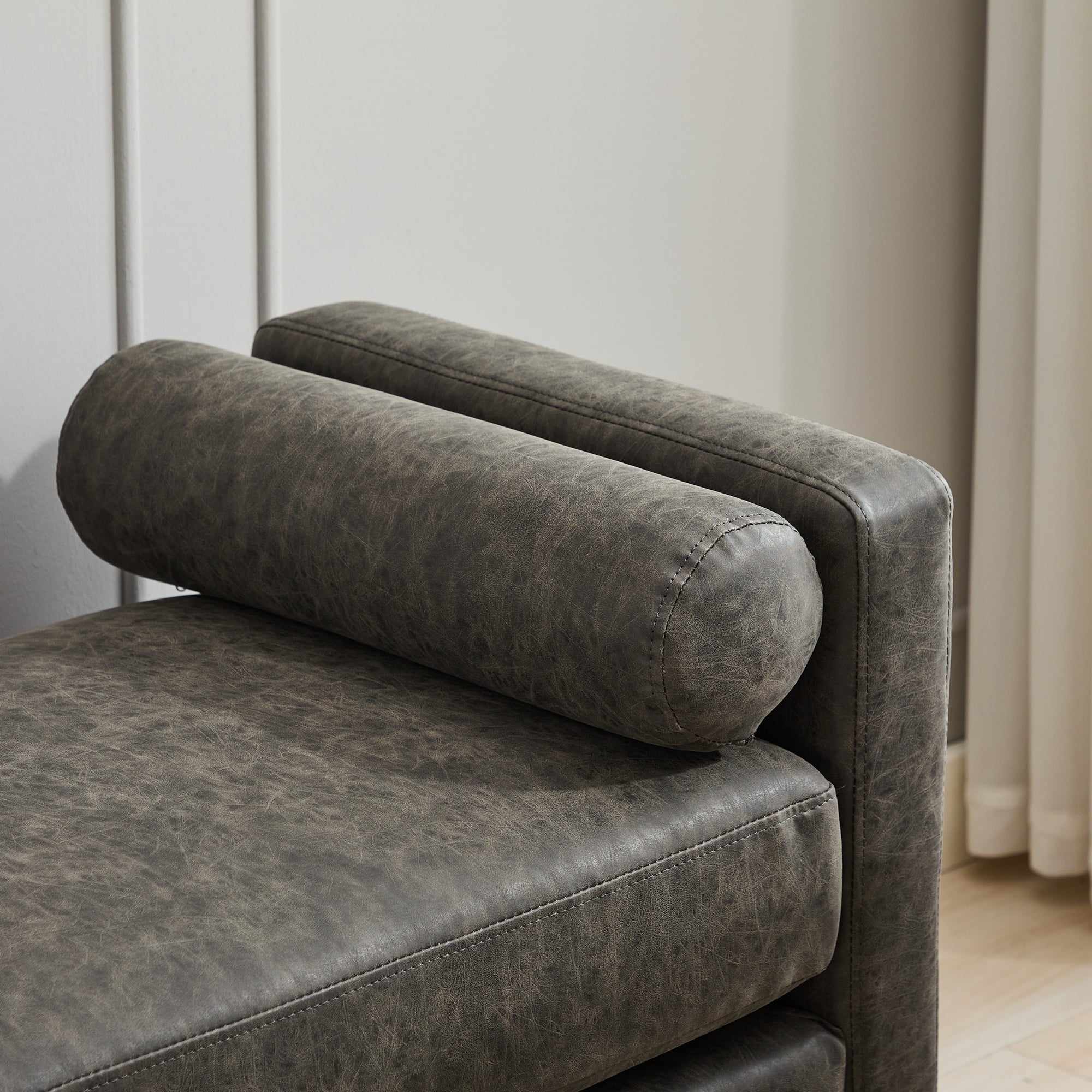 Upholstered Bench with Wood Legs and Two Bolster Pillows
