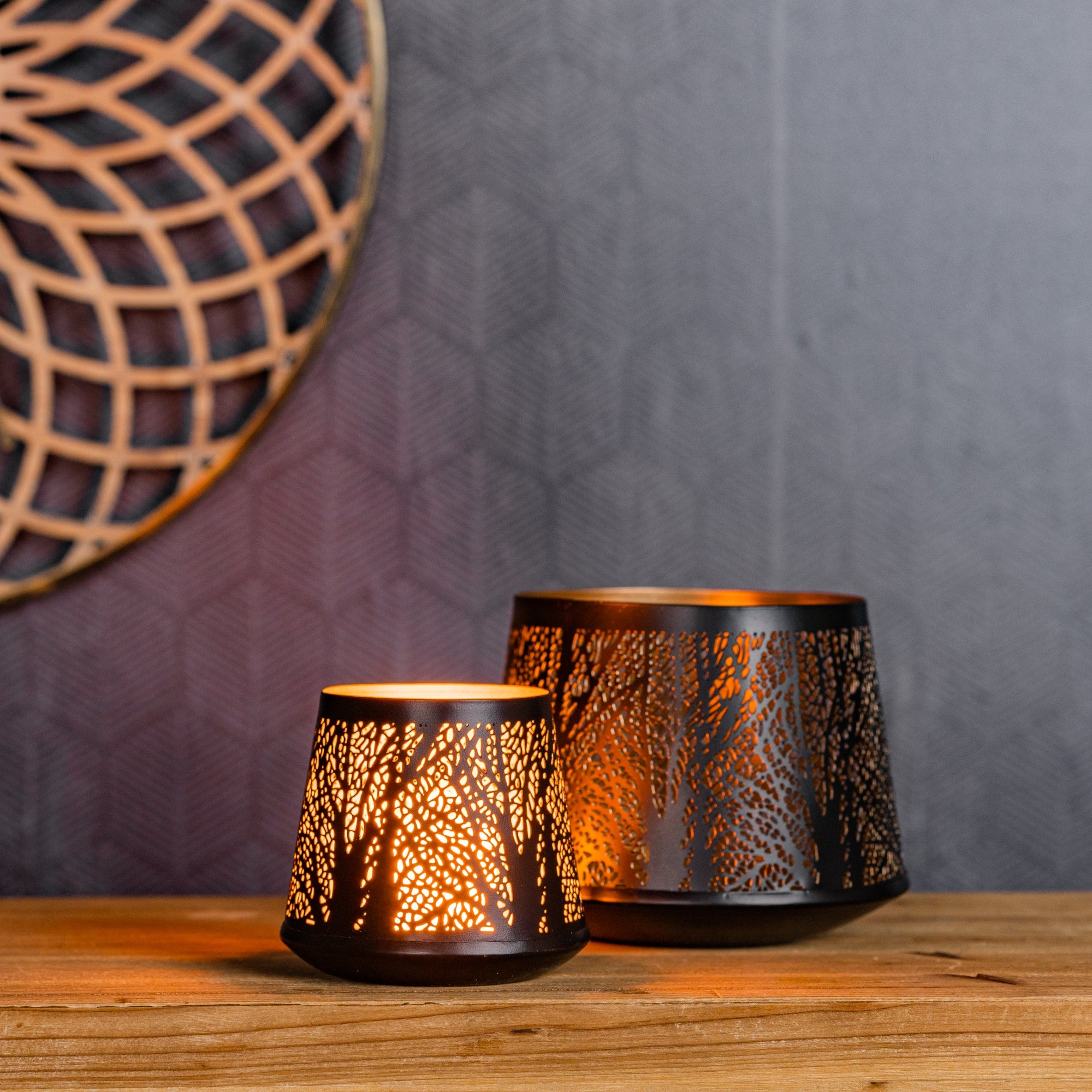 Abstract Punched Metal Candle Holder, Set of 2