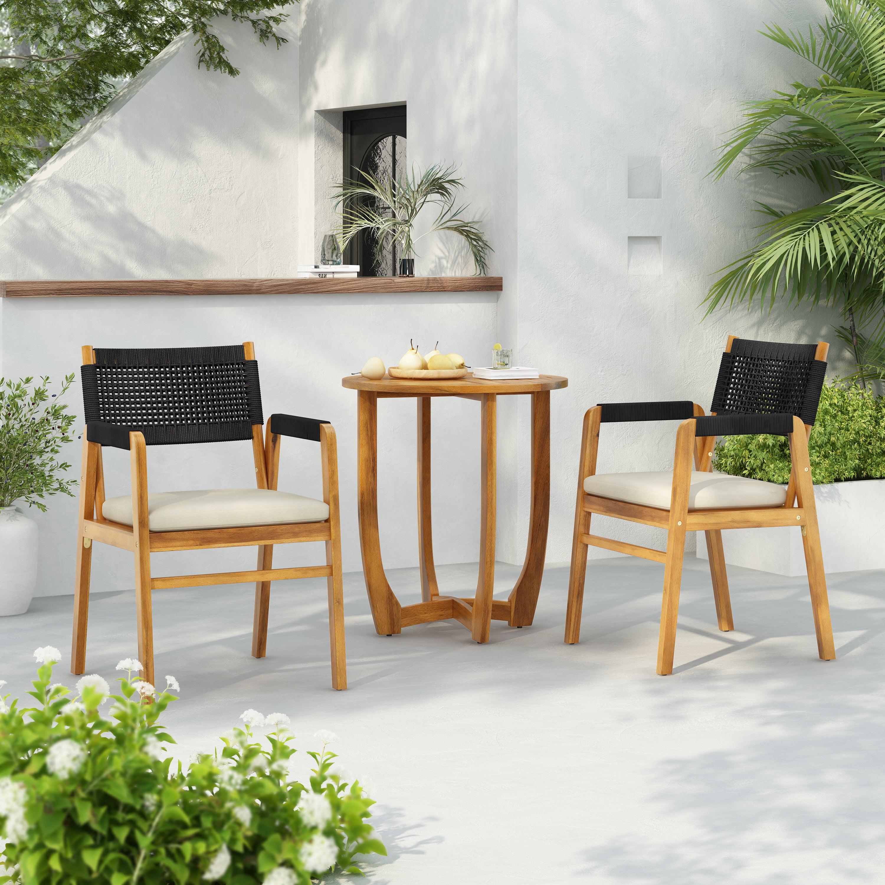 Outdoor 3-Piece Acacia Wood Dining Set with Cushion,Black Rope+Teak