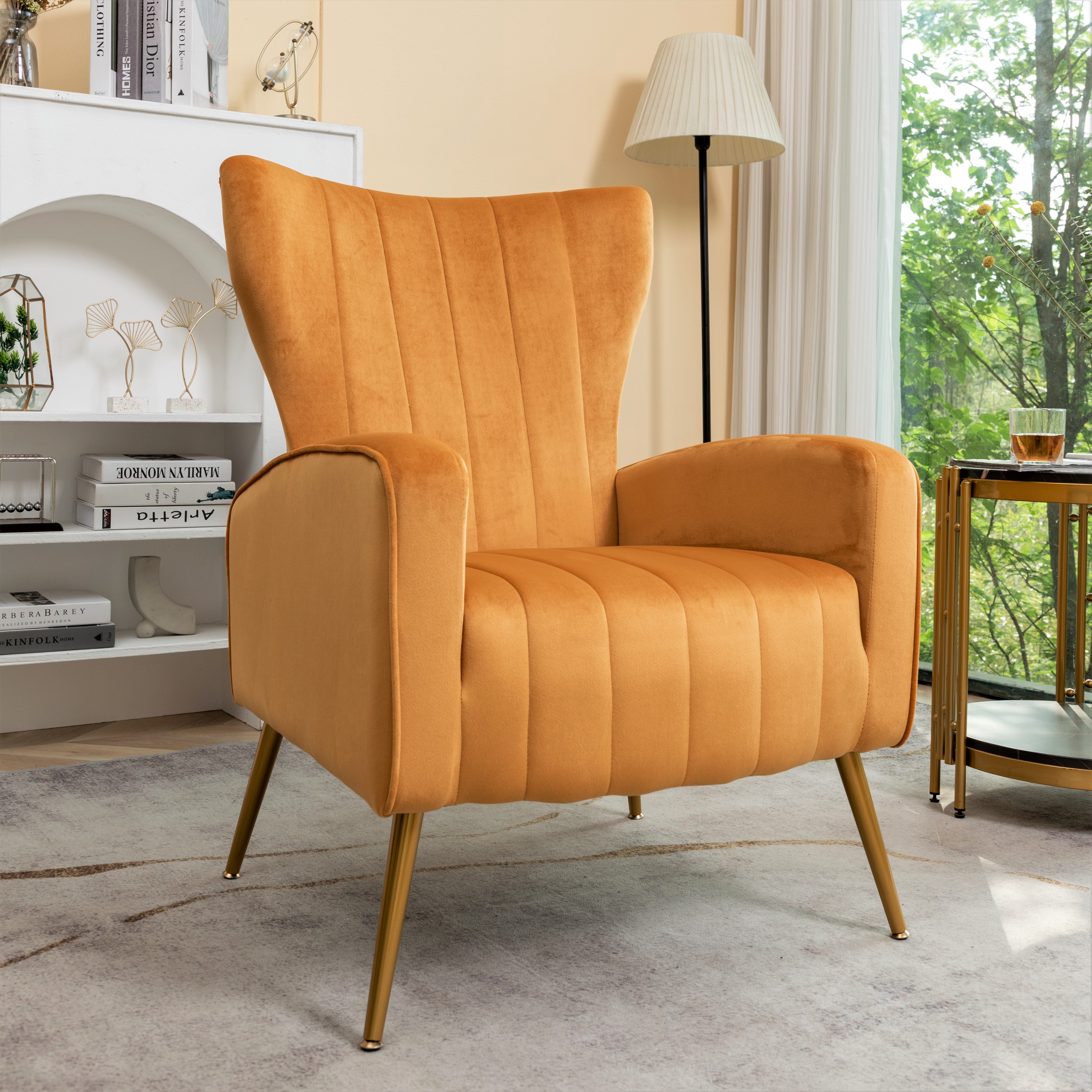 Velvet Accent Wingback Armchair with Metal Legs