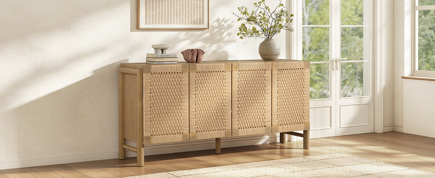 Natural Farmhouse Cabinet with Handwoven Paper Rope Doors, Solid Wood Legs and Natural Finish, for Hallway, Entryway or Living Room