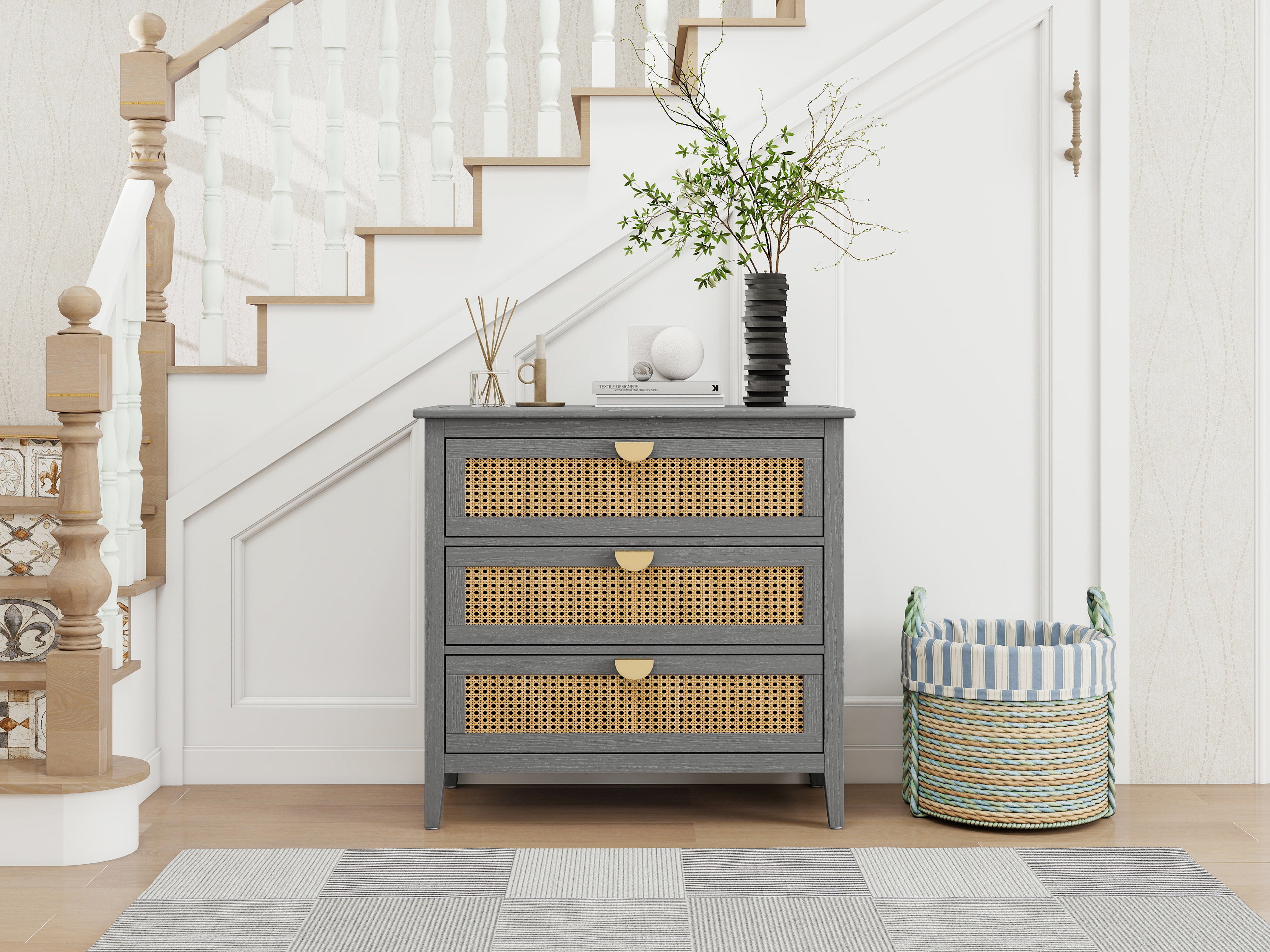 3 Drawer Cabinet with Natural Rattan Drawers