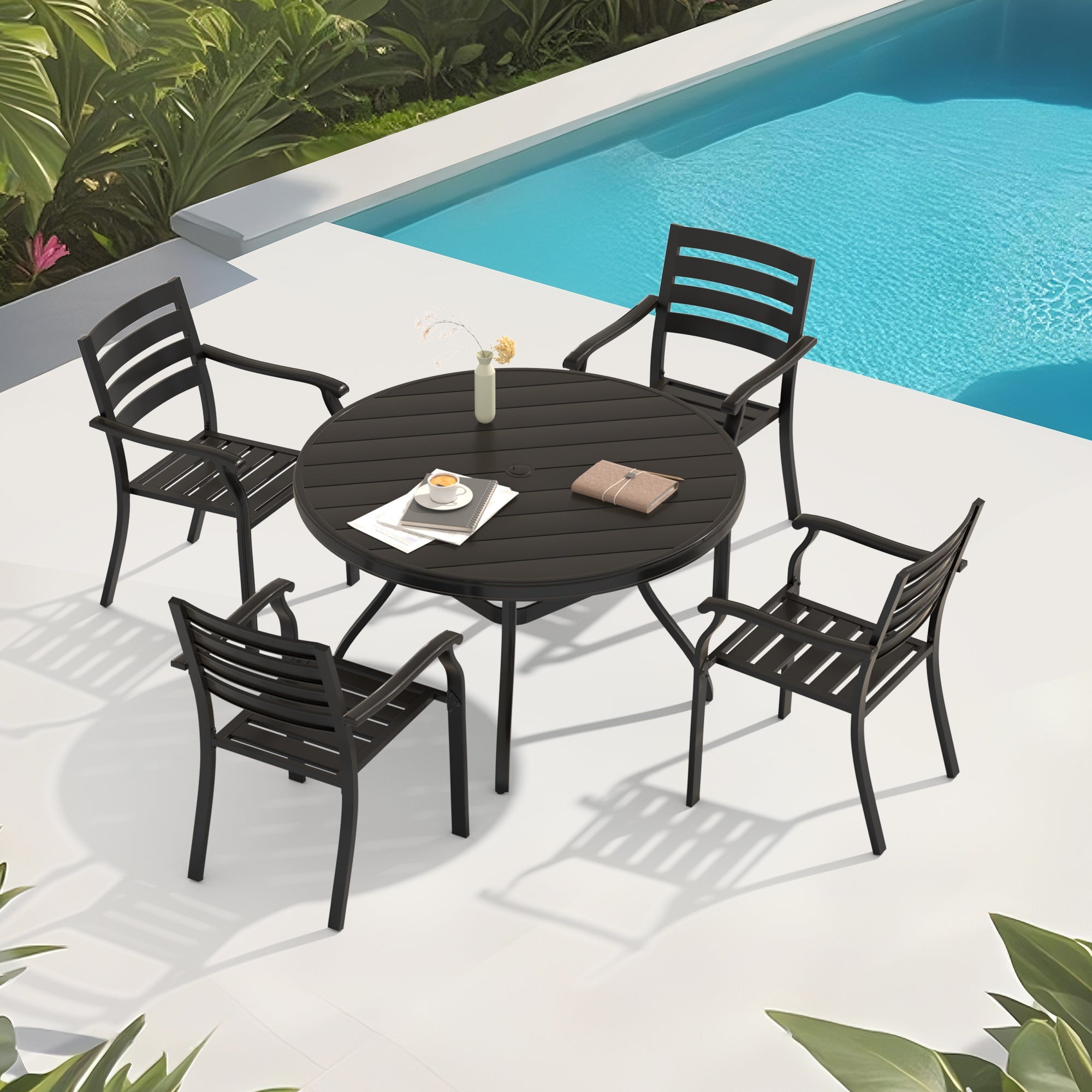 Vireo 5 Piece Outdoor Patio Dining Set with Stackable Chairs