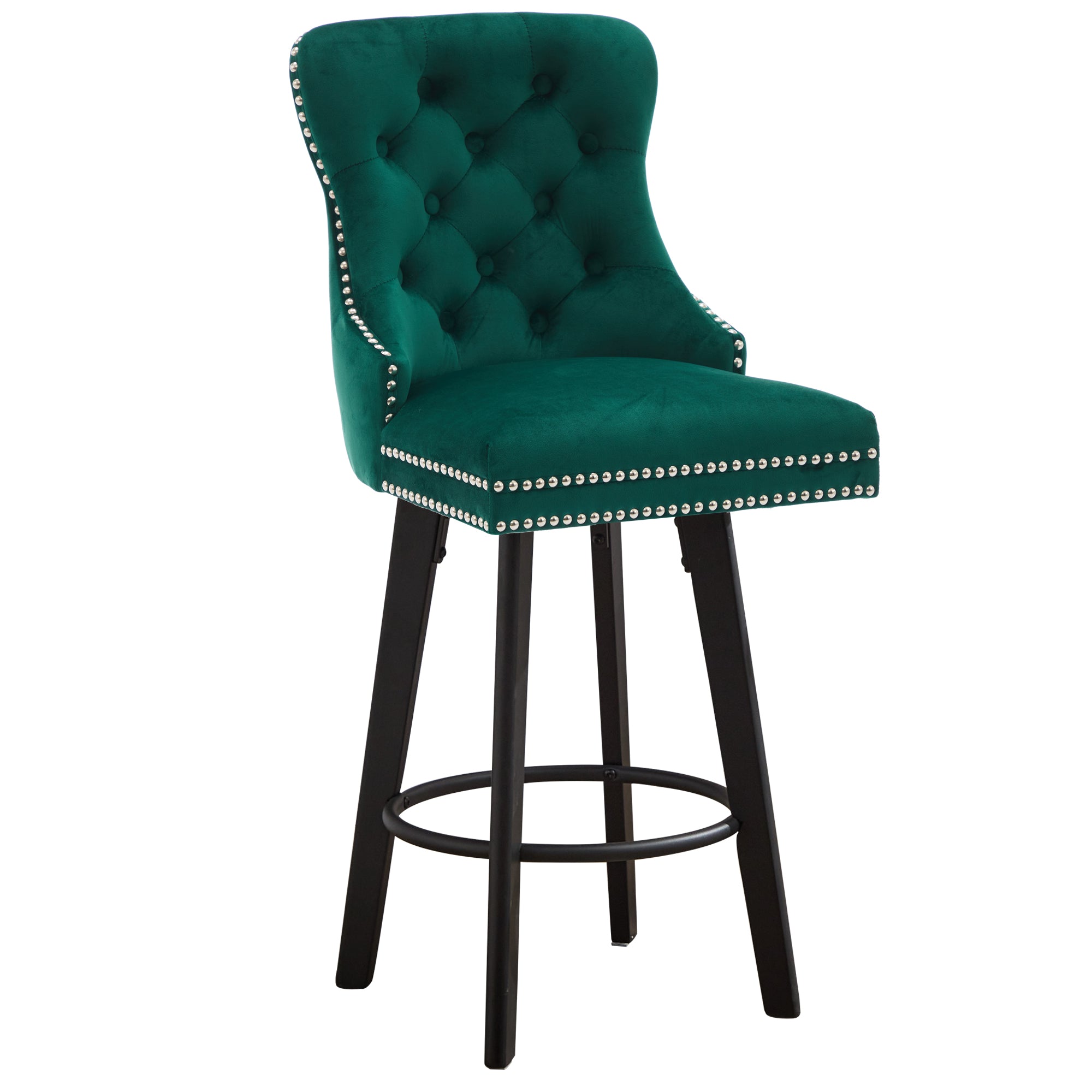 Modern Velvet Button Tufted Swivel Bar Stool with Metal Pull Ring