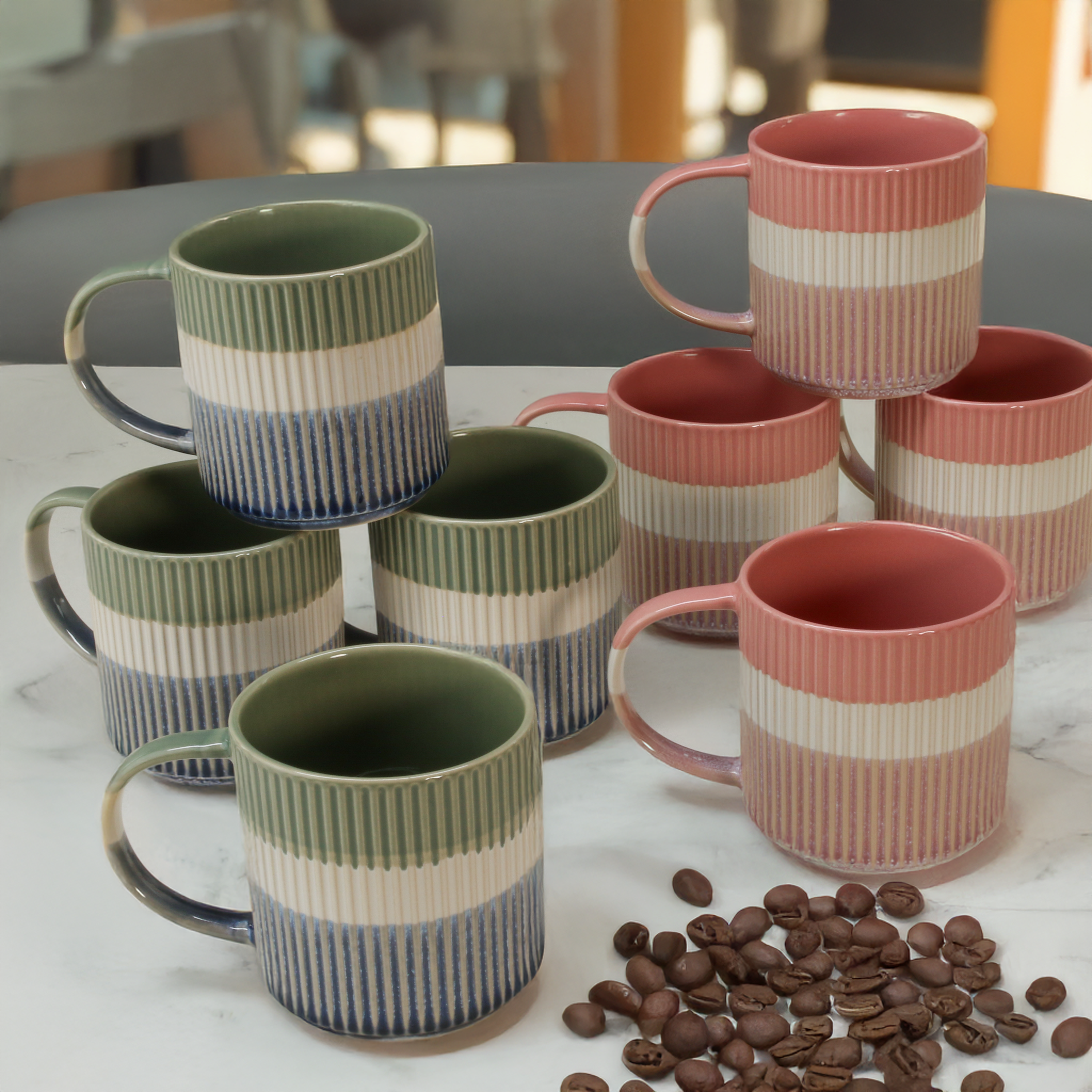Tri-Color Mugs, 8-Piece Set