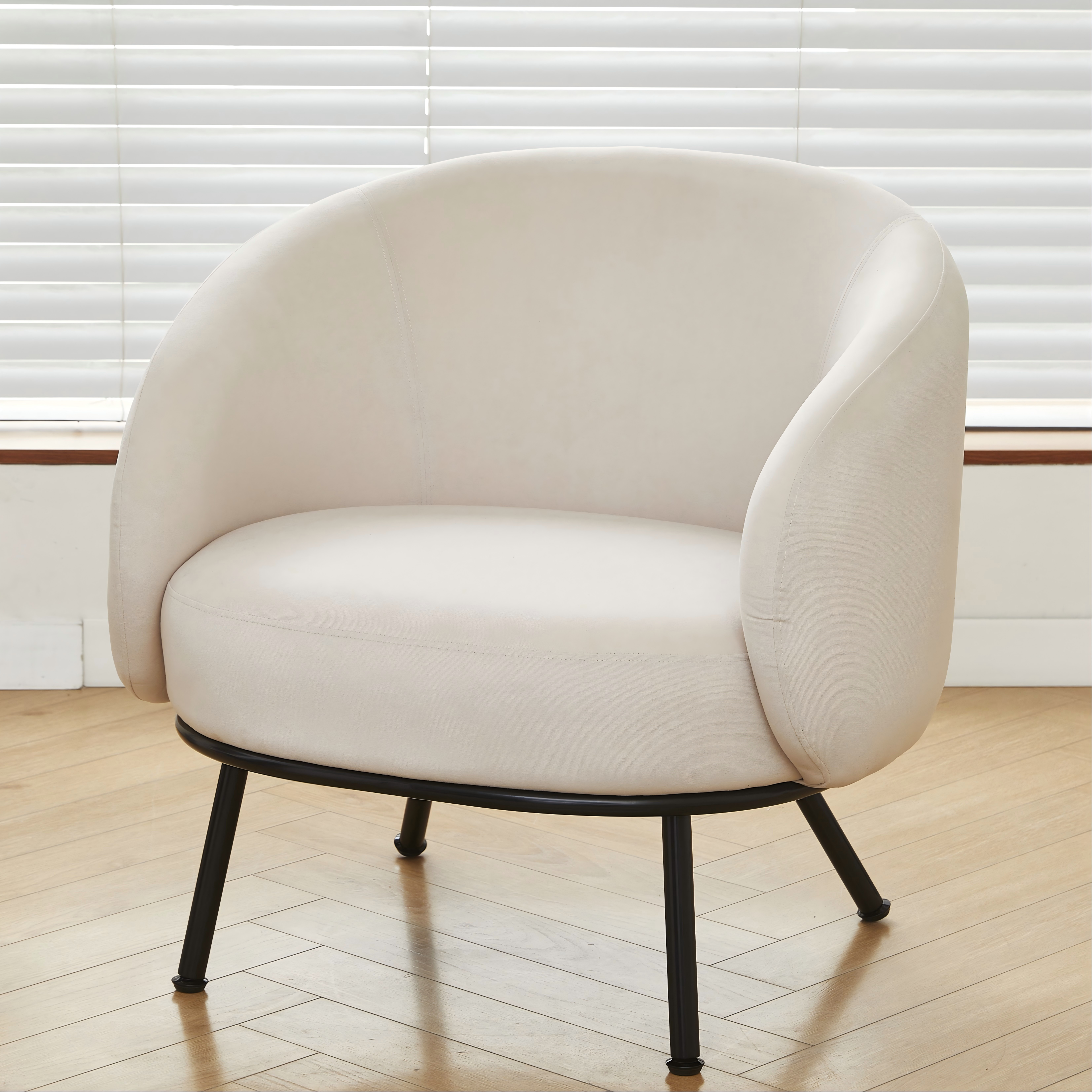 Mid-Century Modern Velvet Accent Chair, Upholstered Barrel Armchair with Metal Legs, Comfy Single Sofa Chair for Living Room Bedroom
