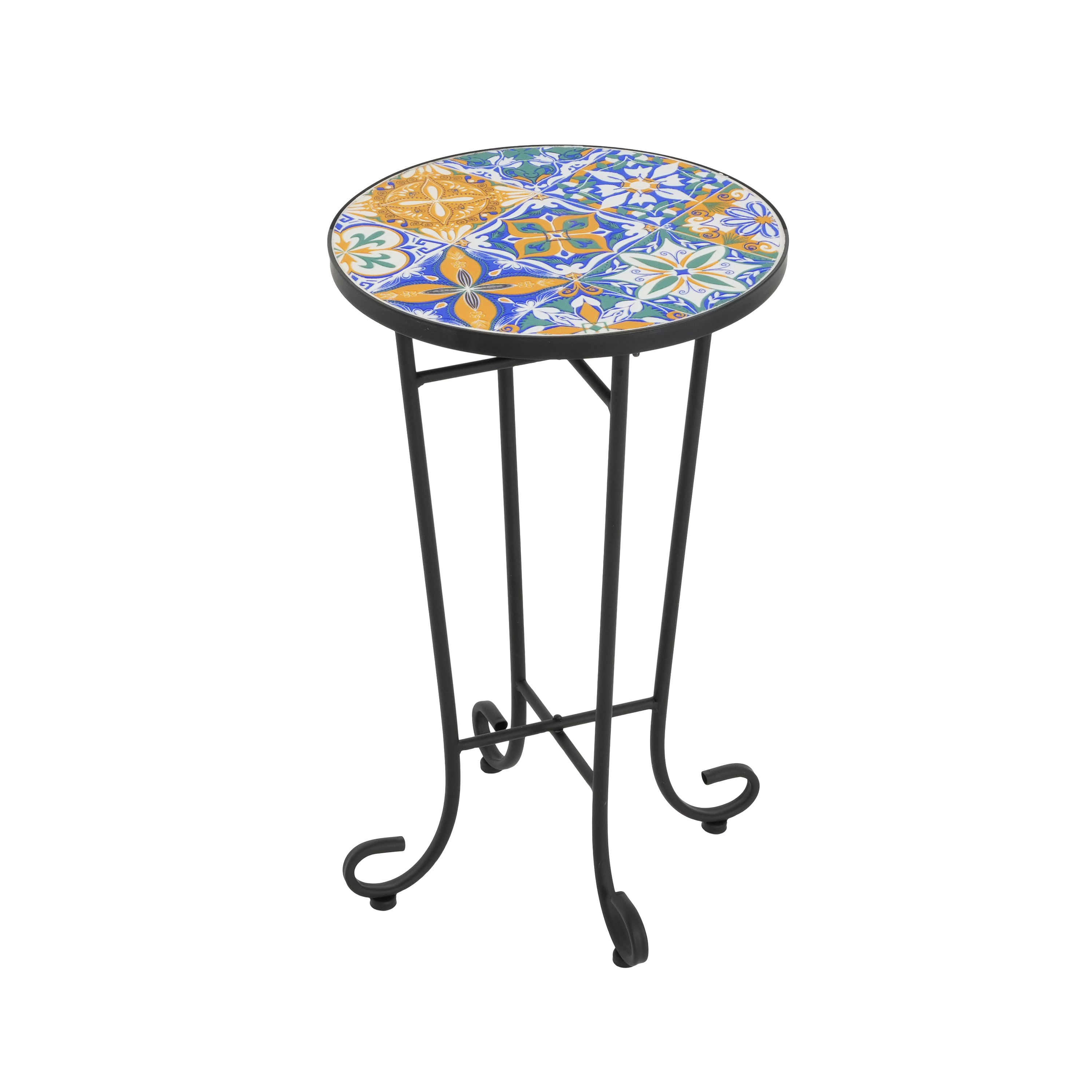 Warmthly Outdoor Round Side Table with Vibrant Tile Top and Elegant Scrolling Legs