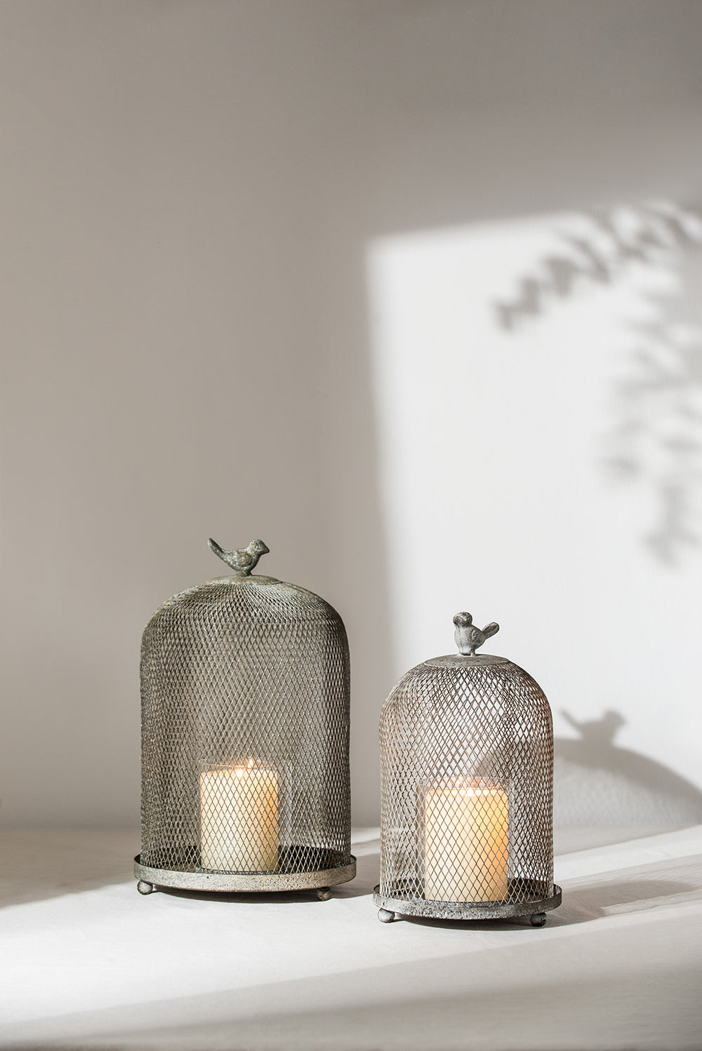 Candle Holder with a Bird Atop Domed Mesh, Set of 2
