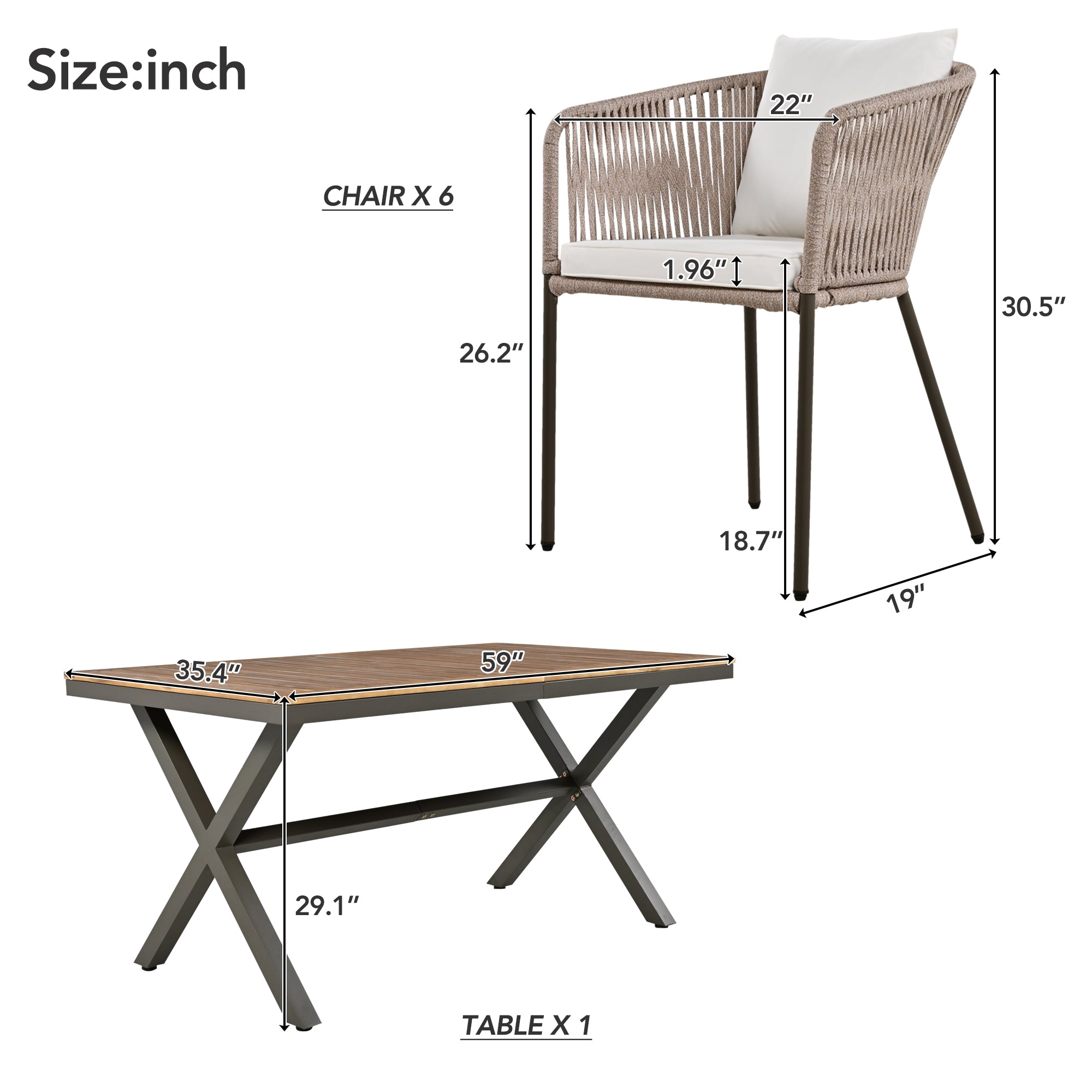 Exalted 7-Piece Outdoor Dining Set with Curved Back Chair and Rectangle Table