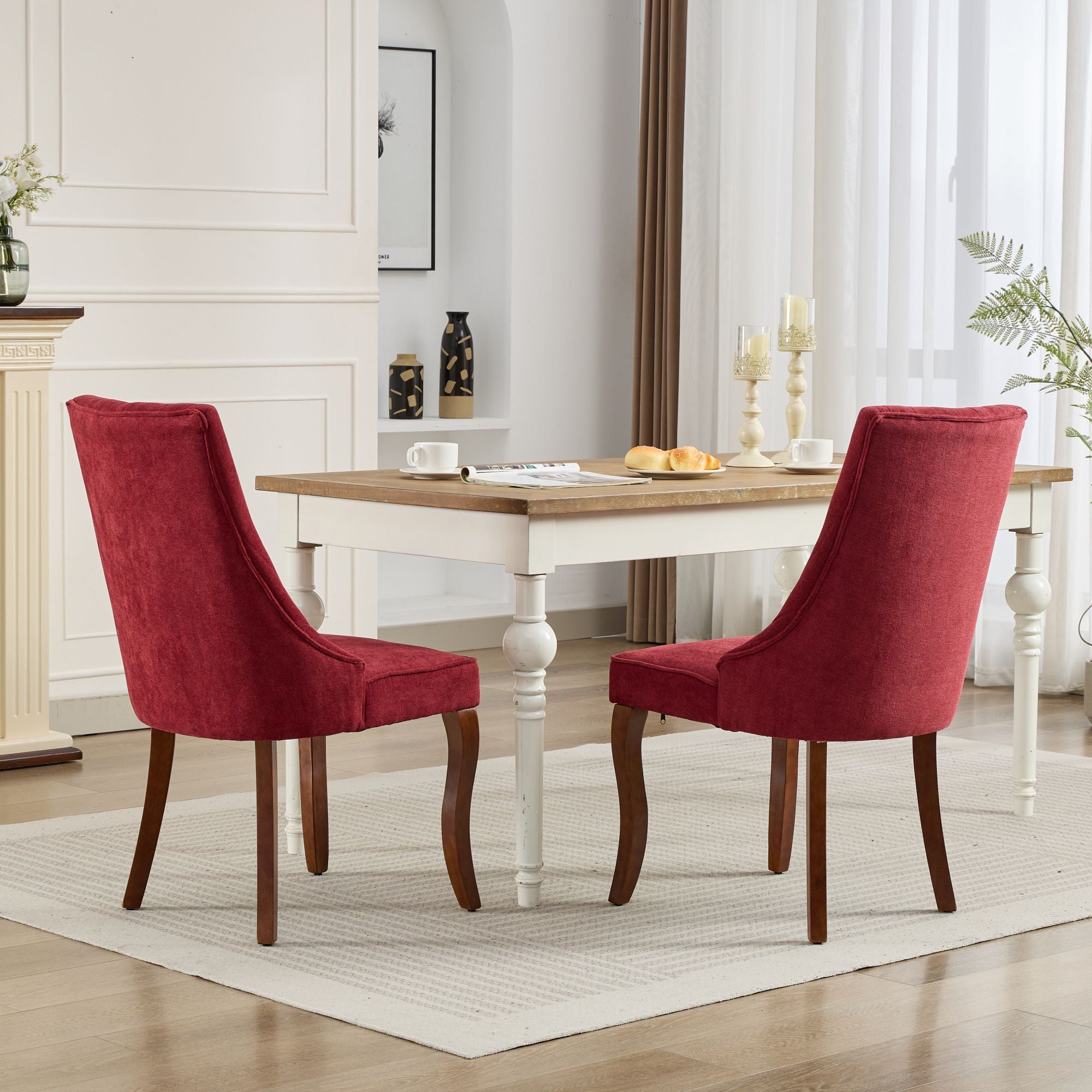 Rayon Cloth Flocking Linen Dining Chairs Channel Kitchen Dinner Chair Comfy Fabric Upholstered Accent Chair for Dining Room with Curved Solid Wood Legs,Set of 2 (Wine Red), SW1847WR