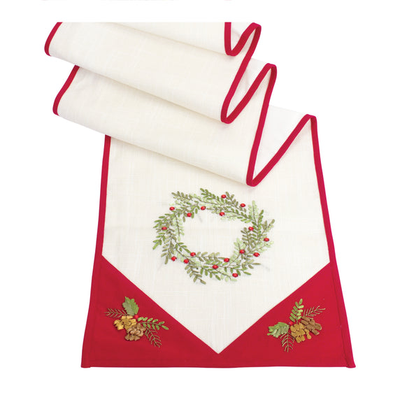 Ribbon Embroidered Tree and Wreath Table Runner, Set of 2