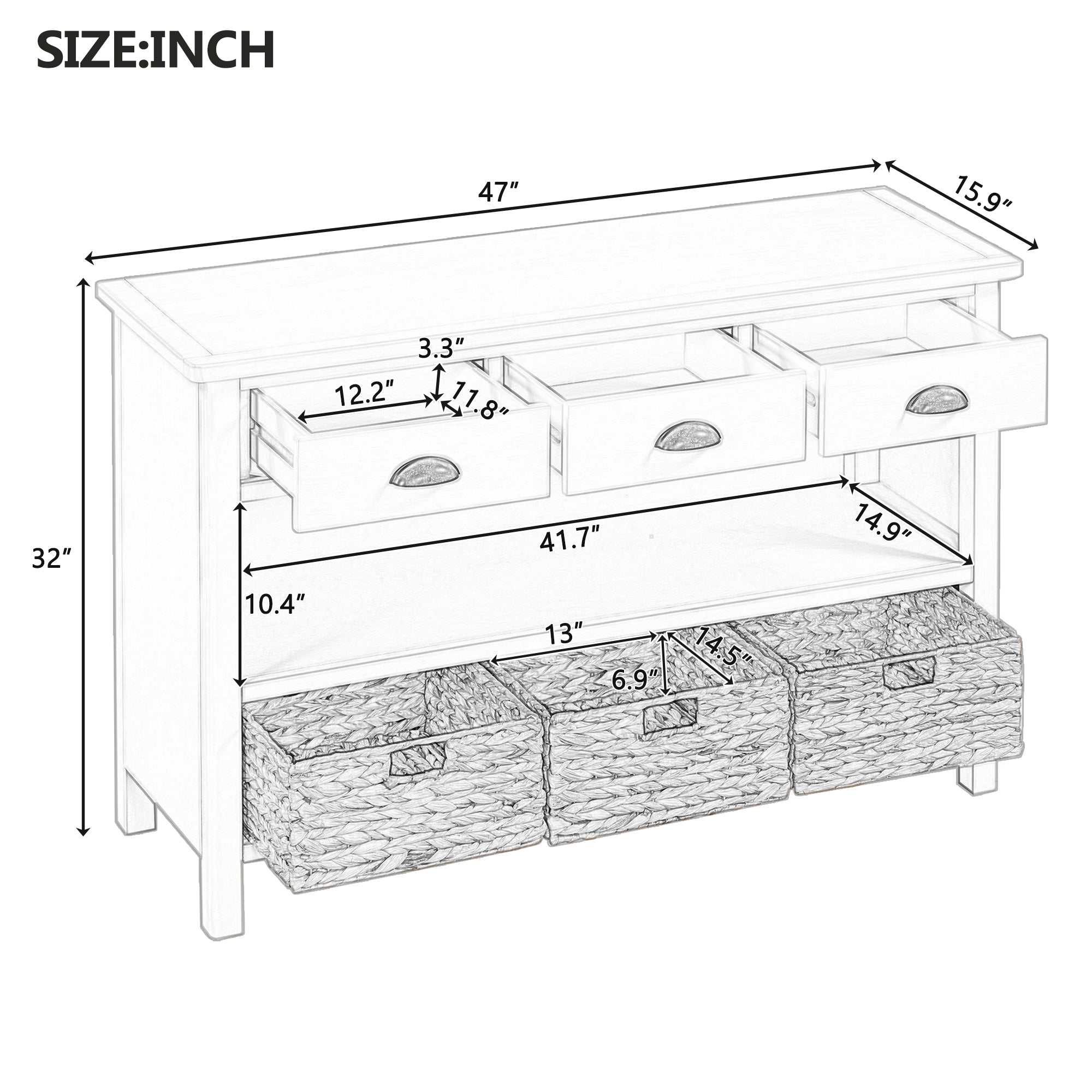 Console Table with Drawers and Water Hyacinth Woven Baskets
