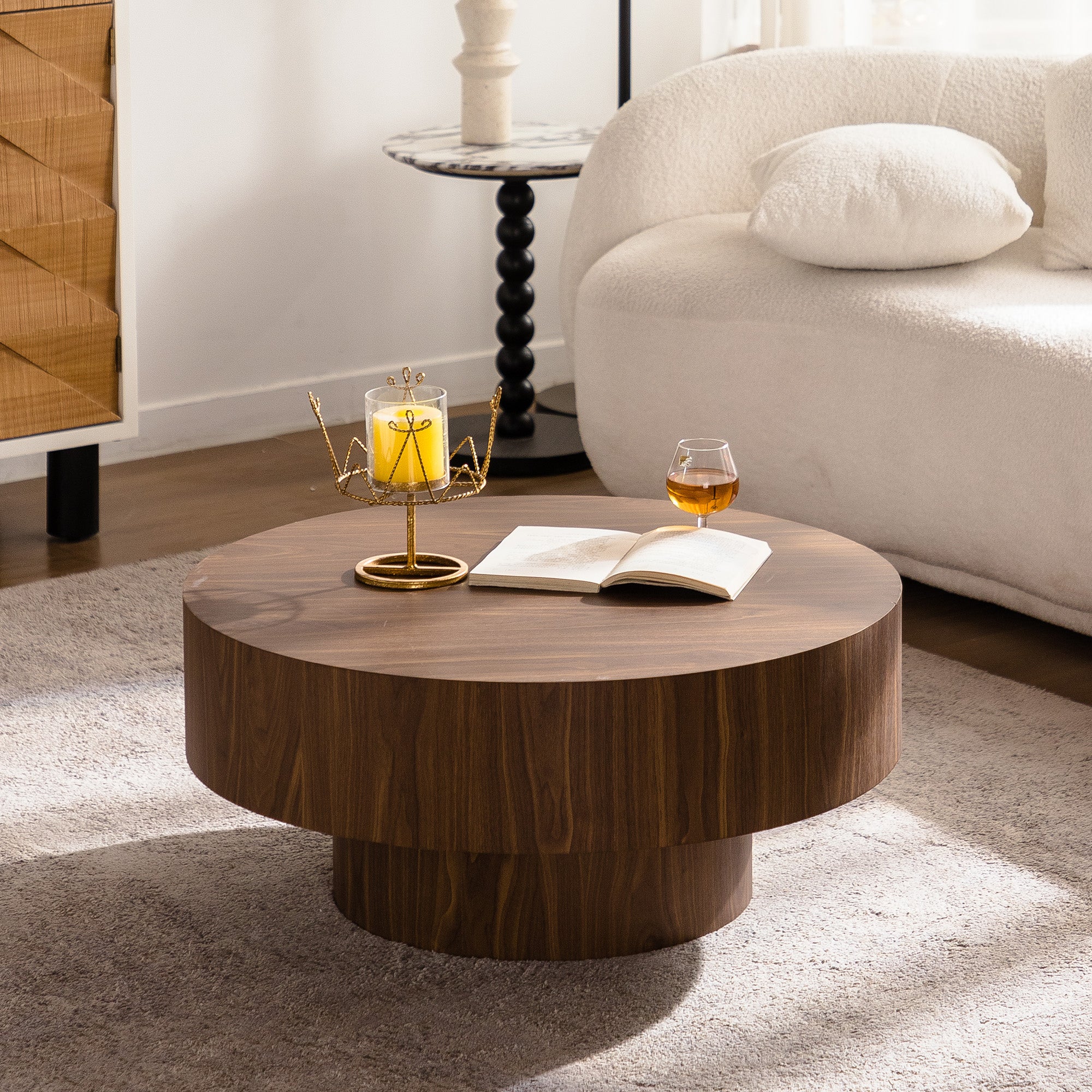 Round Dark Wood Pedestal Coffee Table