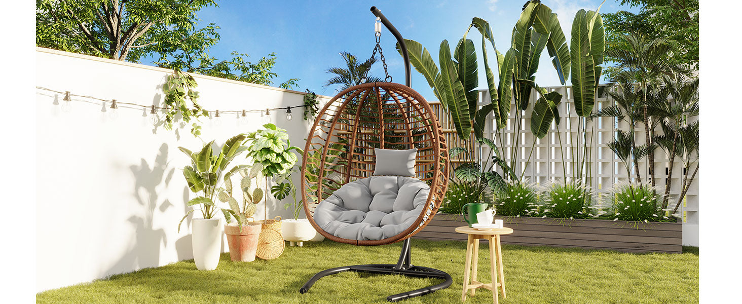 Folding Hanging Swinging Egg Chair with Stand & Tufted Cushion