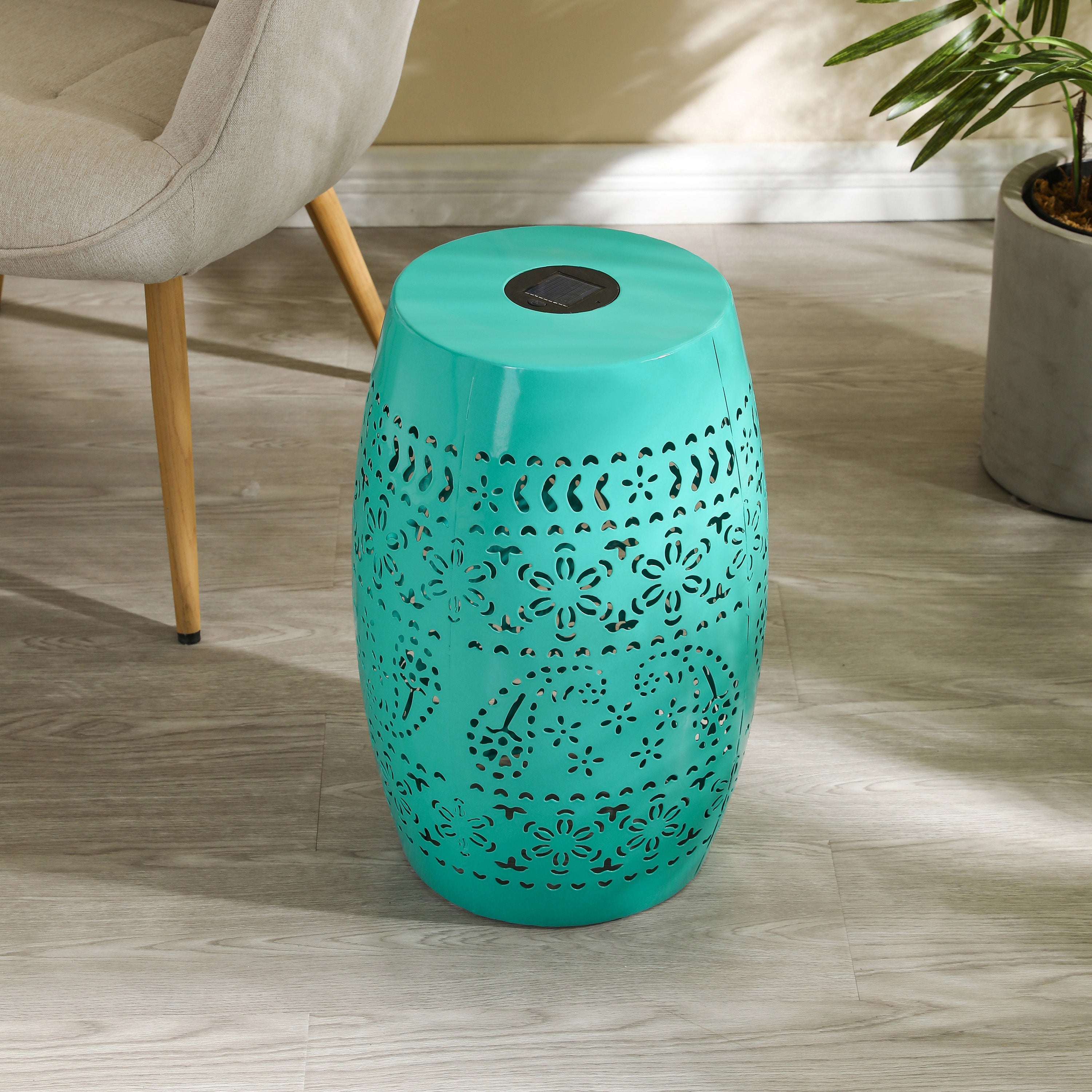 Sunhaven Punched Metal Solar Side Table with Built-in Solar Battery