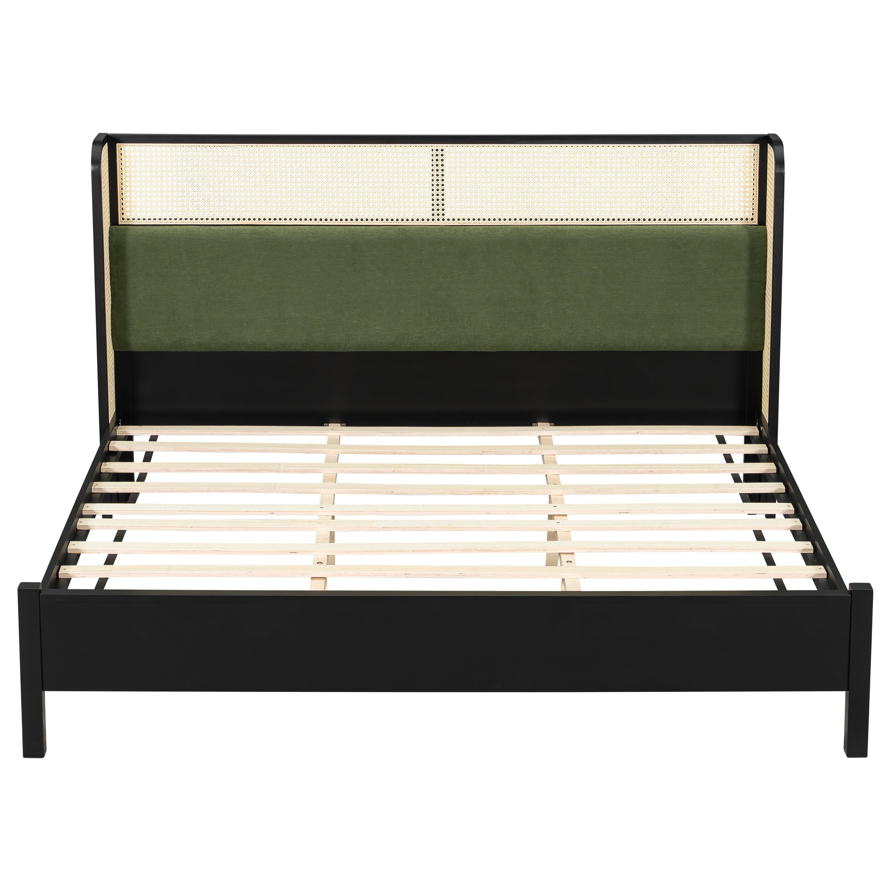 Queen Size Bed Frame with Green Headboard, Black with Green Solid Wood  Bed, No Box Spring Required, Modern Bedroom Furniture