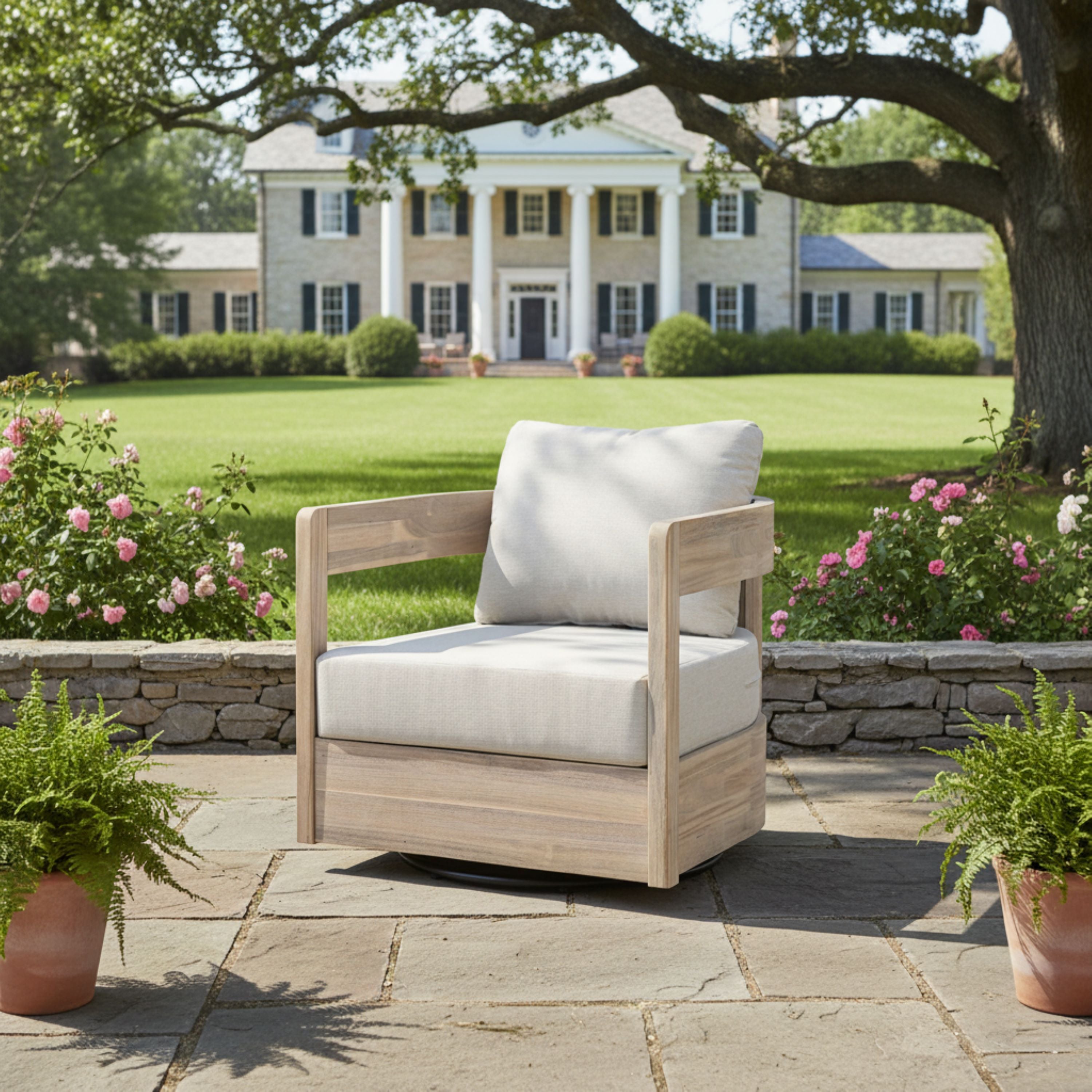 Telluride Outdoor Wood Swivel Club Chair with Beige Cushion