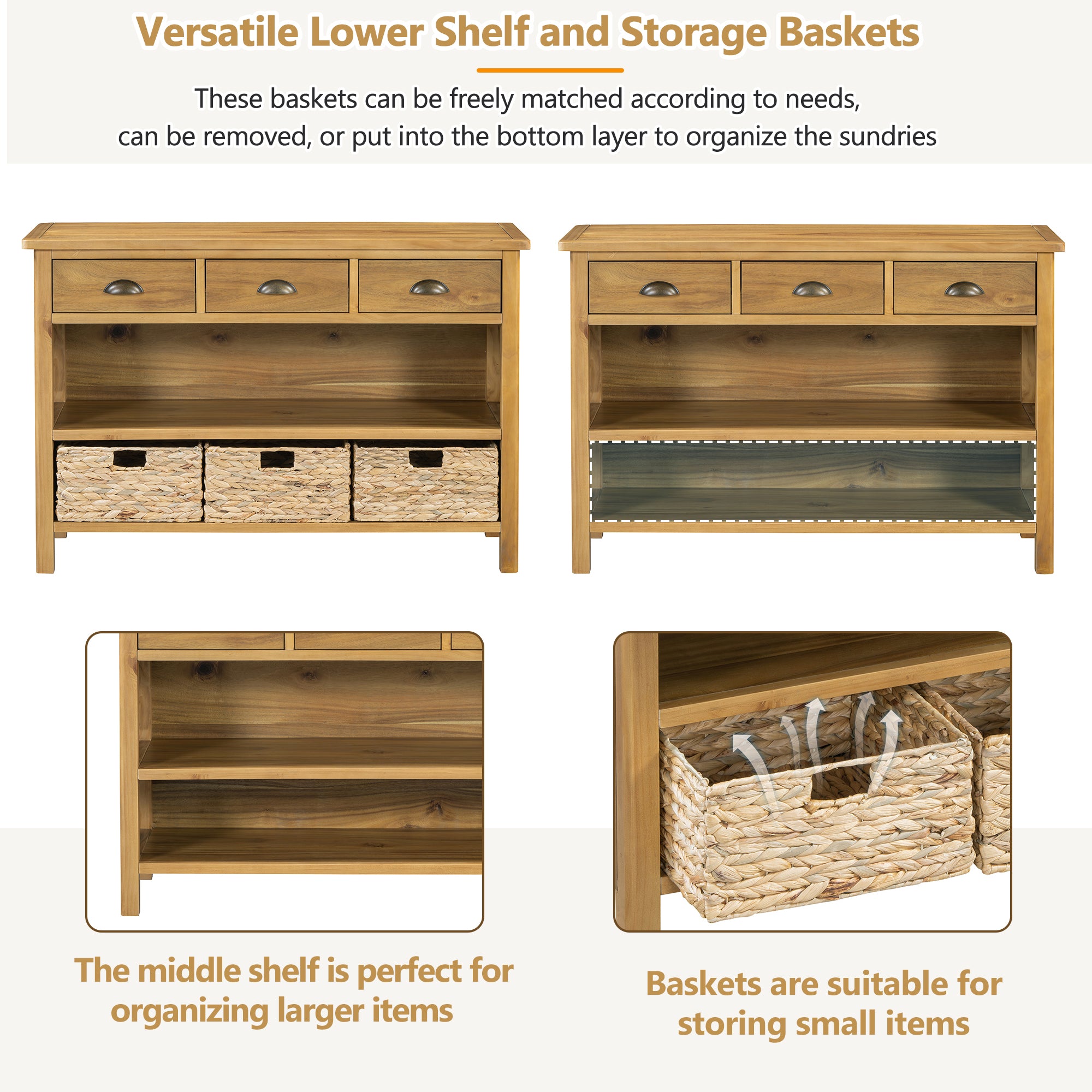 Coronate Console Table with Drawers and Water Hyacinth Woven Baskets