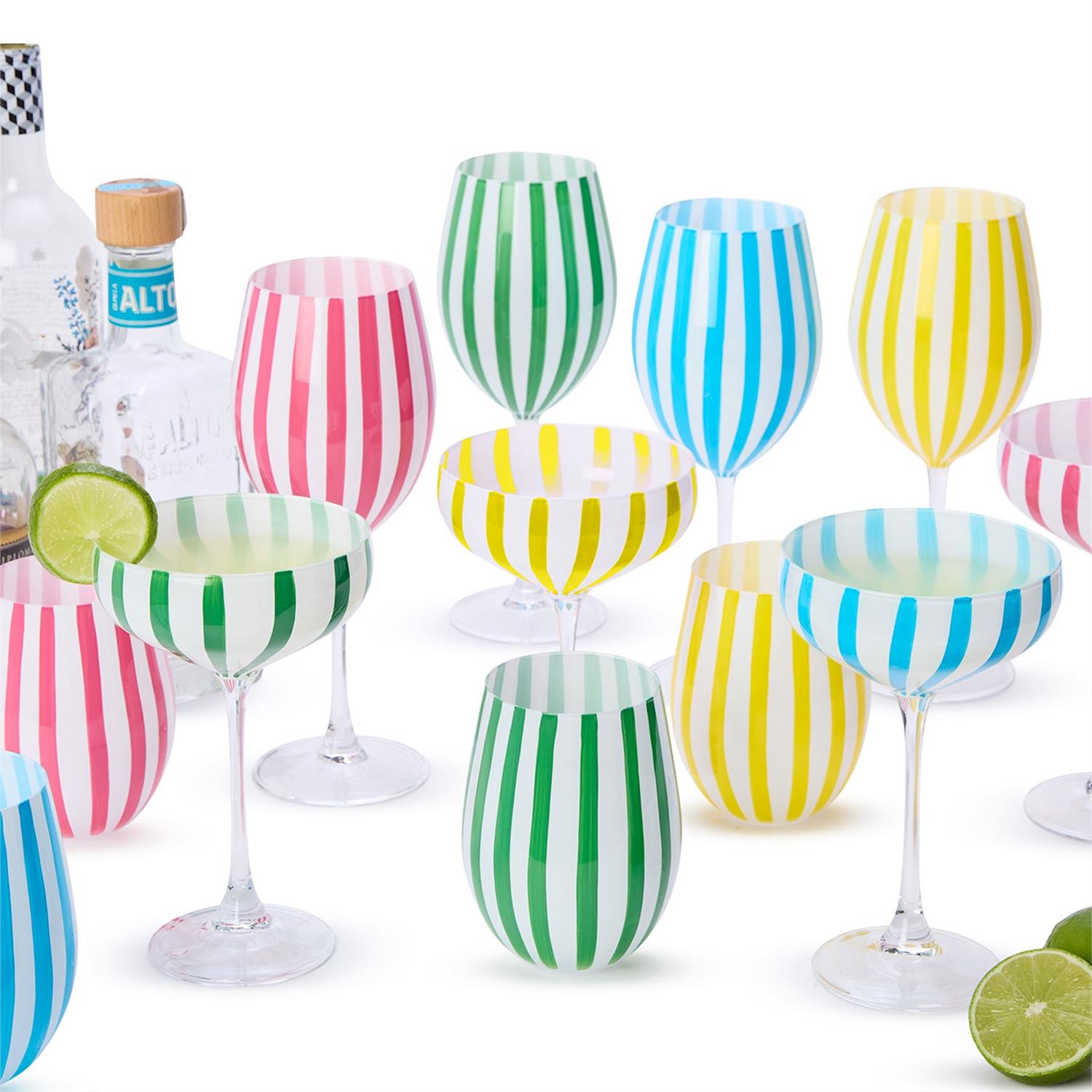 Stripe Hand-Painted Stemless Wine Glass Incl 4 Colors, Set of 4