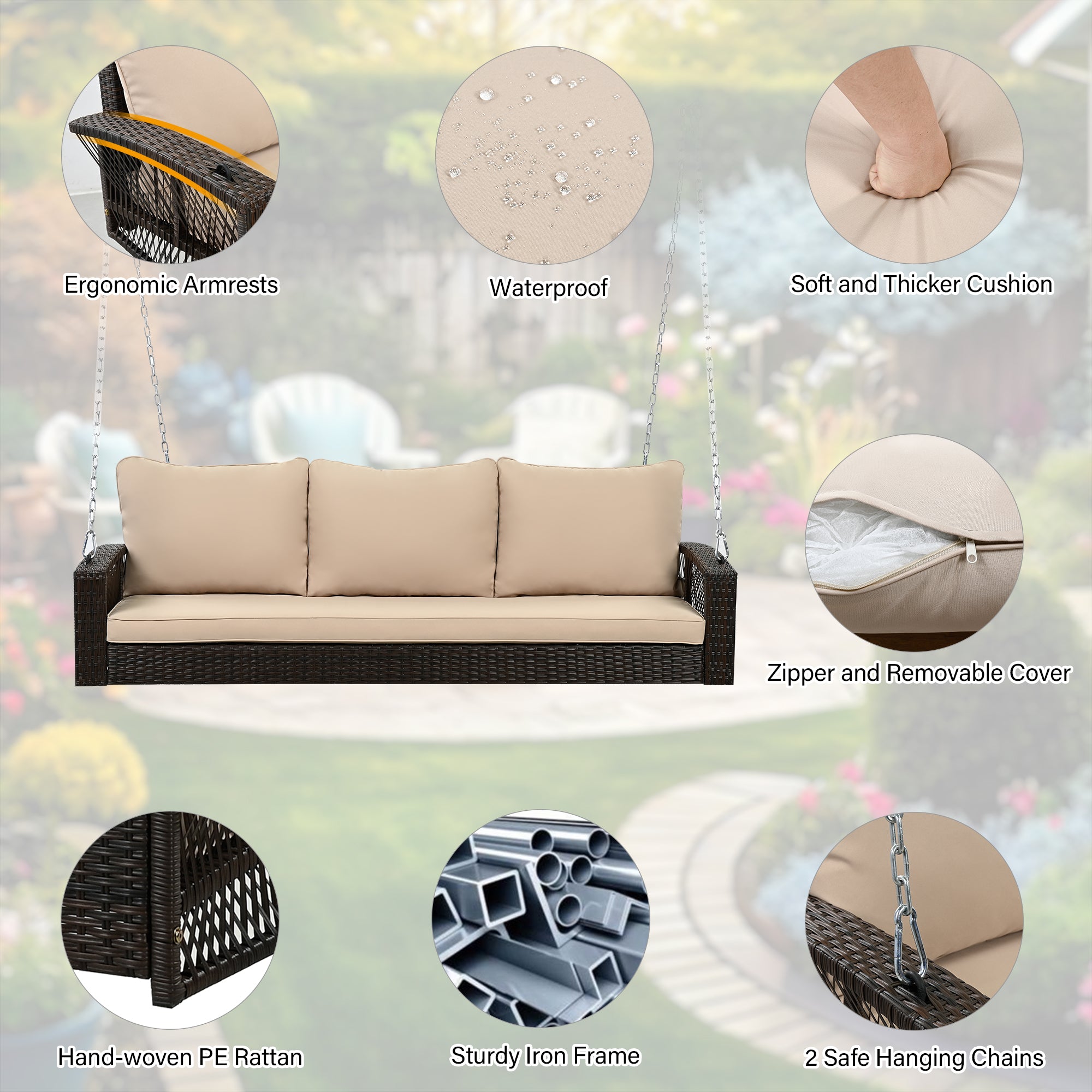 3-Person Large Porch Swing with Cushions