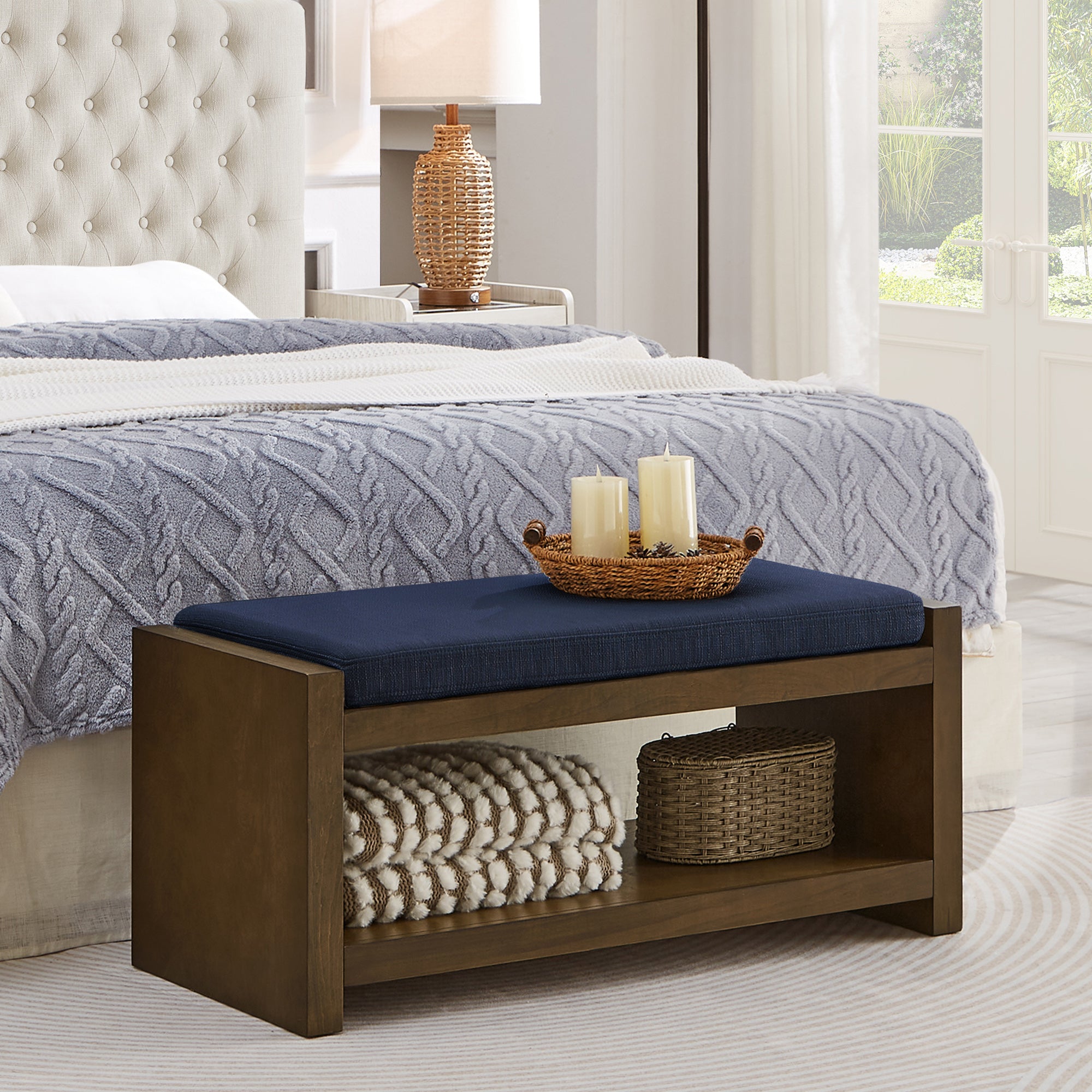 Accent Bench with Lower Shelf Shoe Rack and Padded Seating