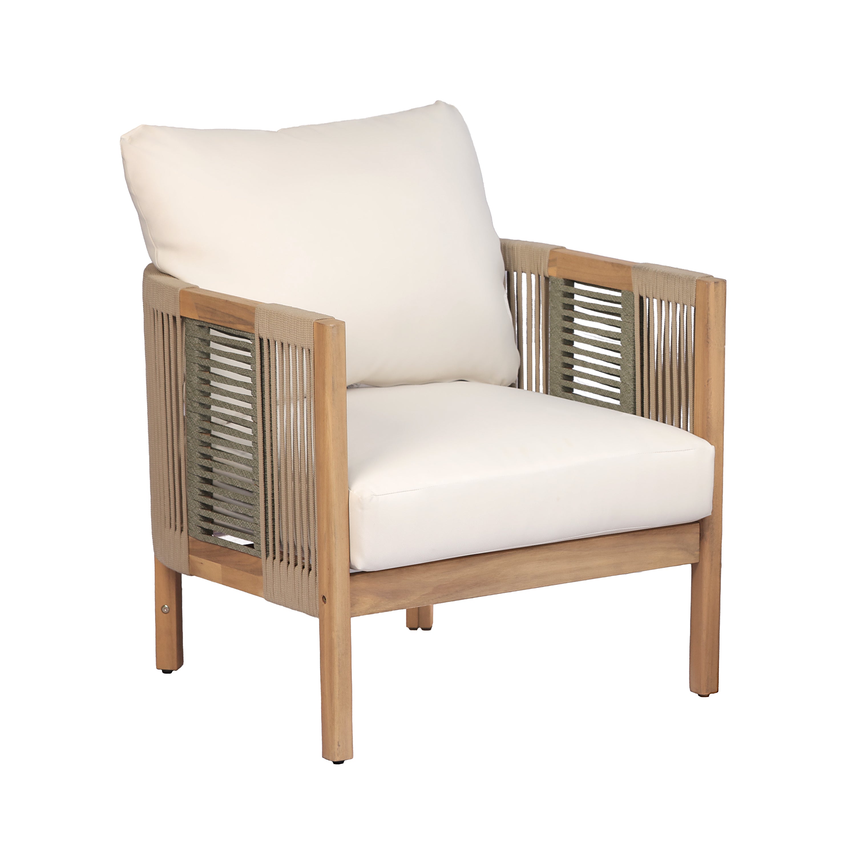 Outdoor Acacia Wood Club Chairs,Teak look+Beige cushion+(Beige+Light Green)rope
