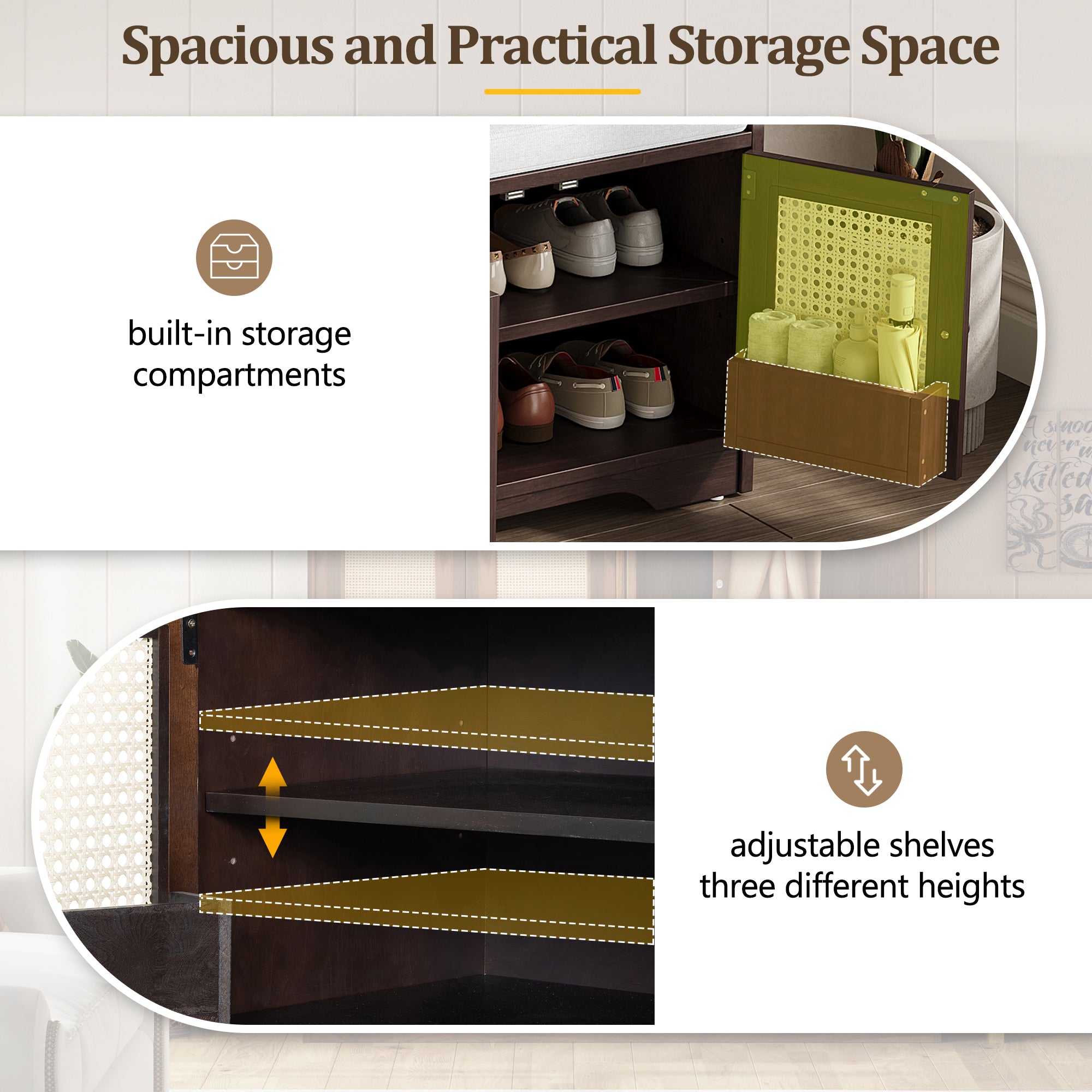Storage Bench with Rattan Doors