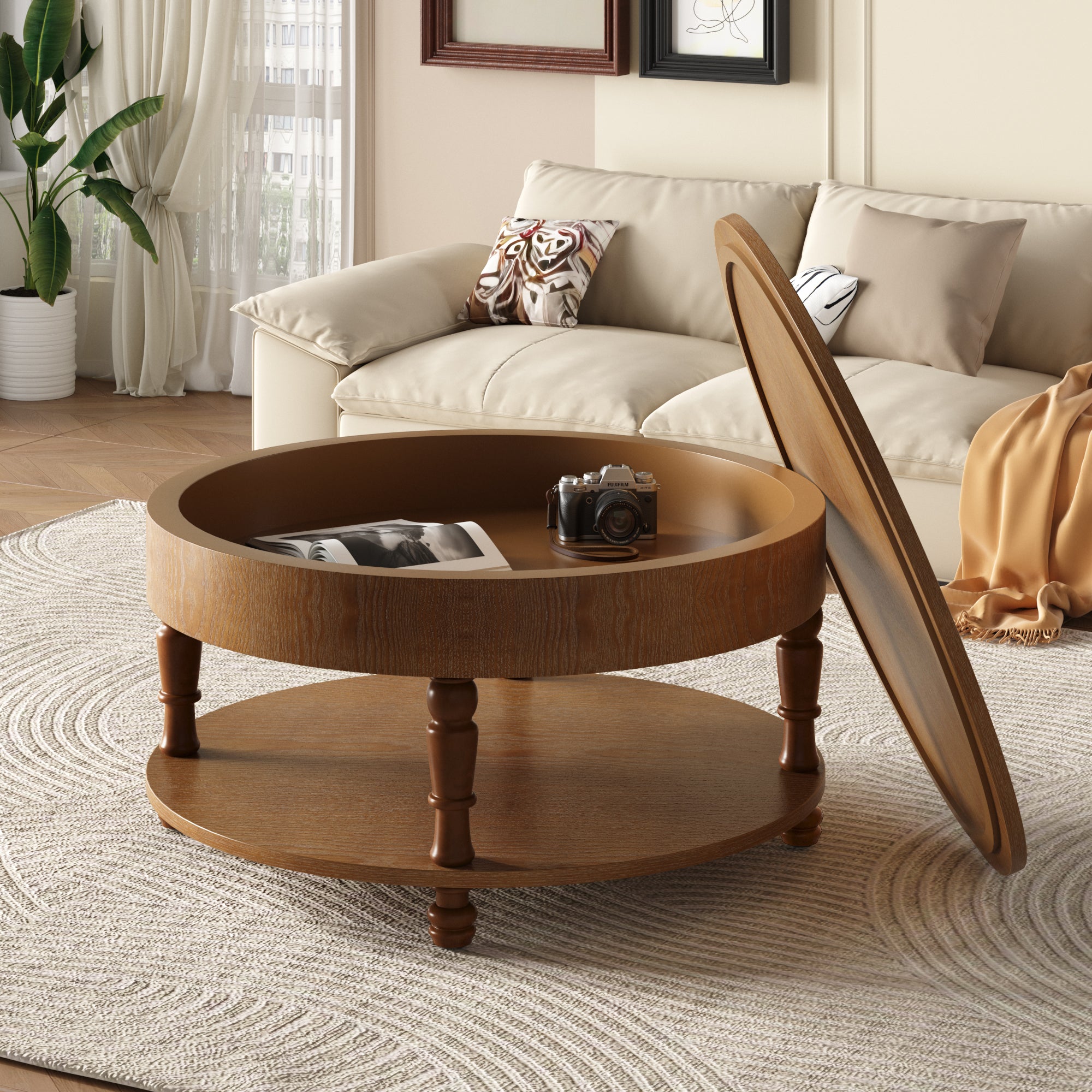 Traditional Round Coffee Table with Storage and Hidden Compartment