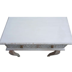 2 Drawer Mango Wood Console Table with Floral Carved Front, Brown and White - Sofa & Console Tables