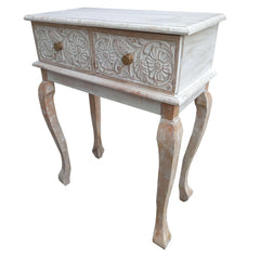 2 Drawer Mango Wood Console Table with Floral Carved Front, Brown and White - Sofa & Console Tables