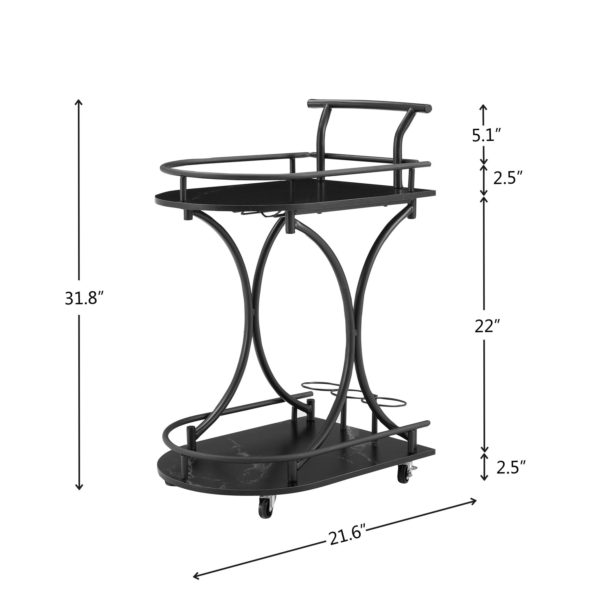 2 - Tier Metal Bar Cart with Wine Rack and Glass Holder - Bar Carts