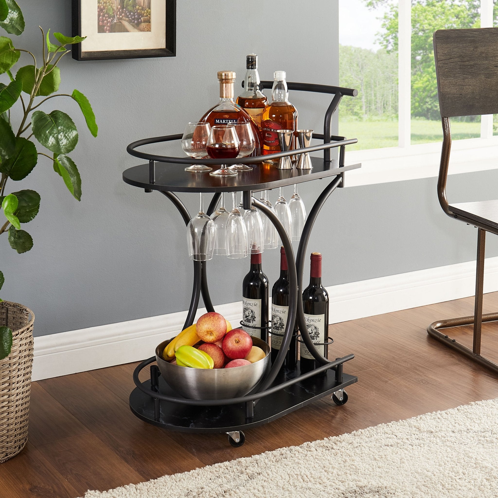 2 - Tier Metal Bar Cart with Wine Rack and Glass Holder - Bar Carts